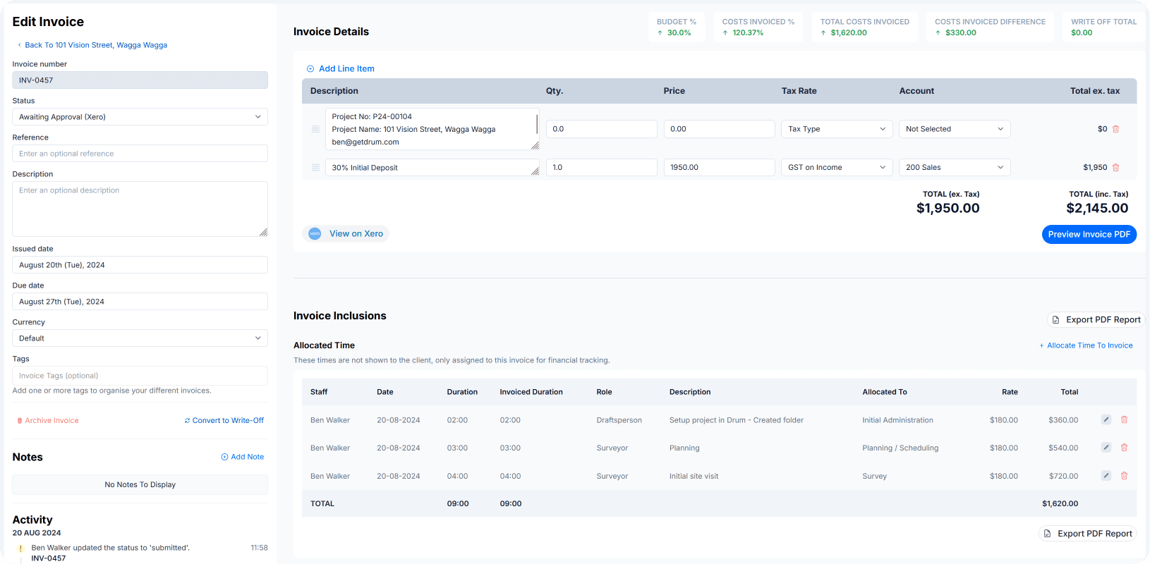 Example Xero Invoice KPI Screenshot