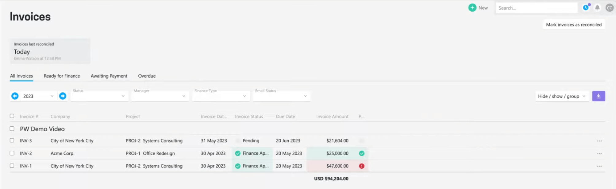 ProjectWorks - Invoicing View