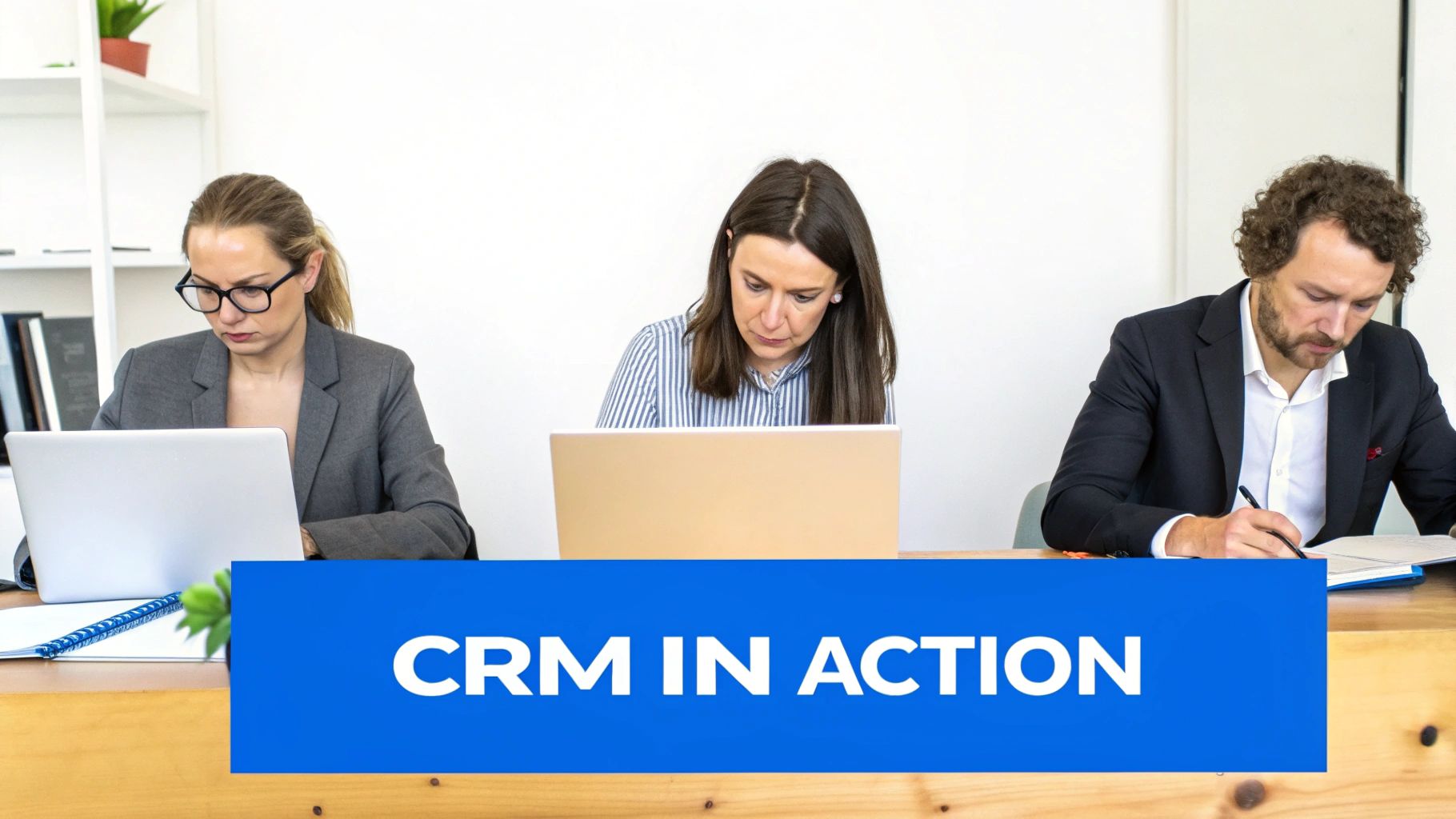 Three professionals in a modern office looking at a tablet, representing a CRM in a real-world setting.