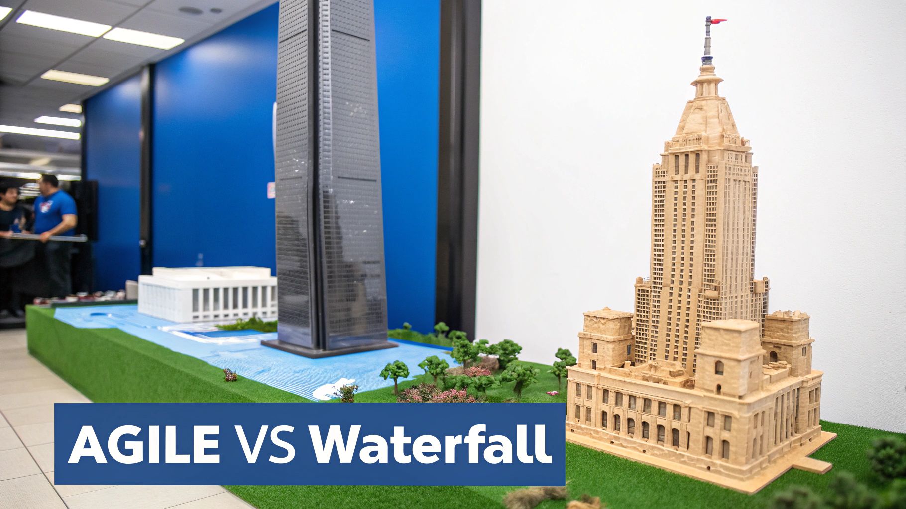 Architects discussing plans over a scale model, representing different project management styles.