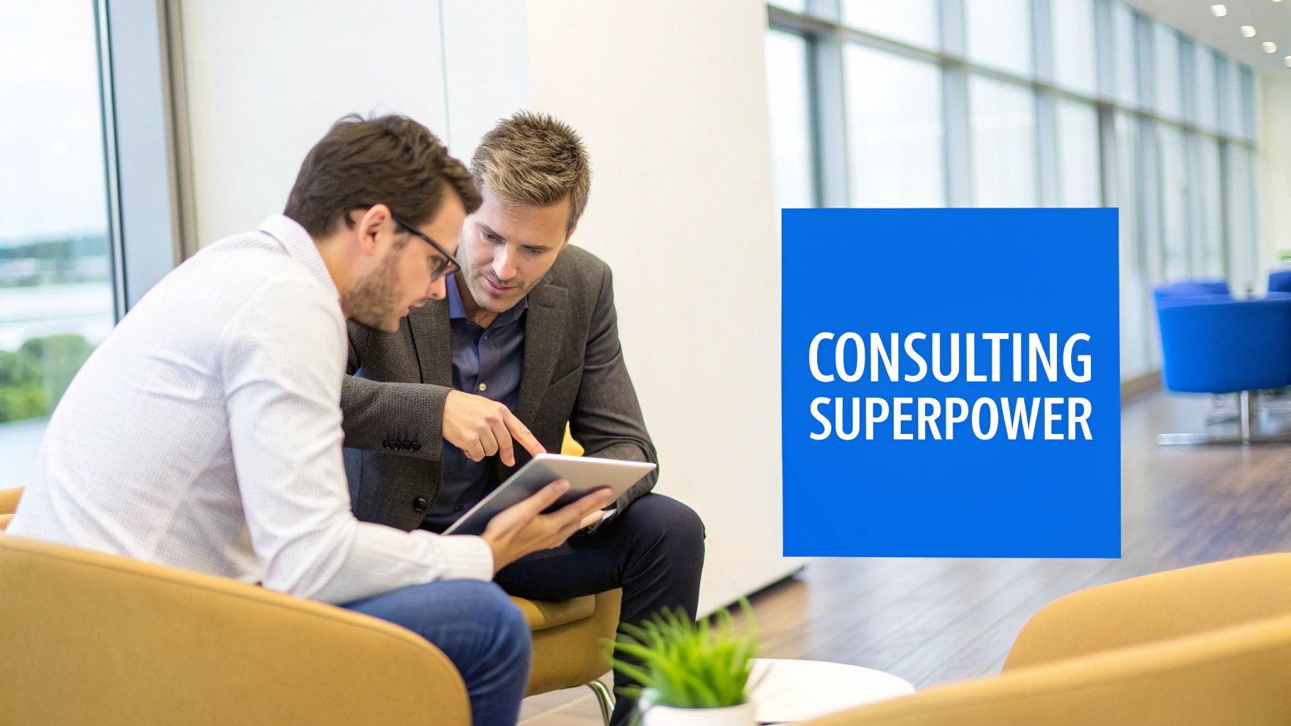 A team of consultants collaborating around a table, illustrating effective project management in a consulting environment.