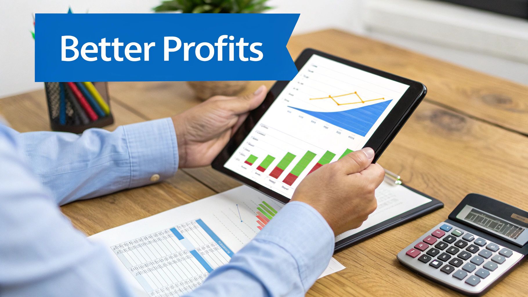 A person pointing at a graph on a screen, showing positive financial trends and business growth.