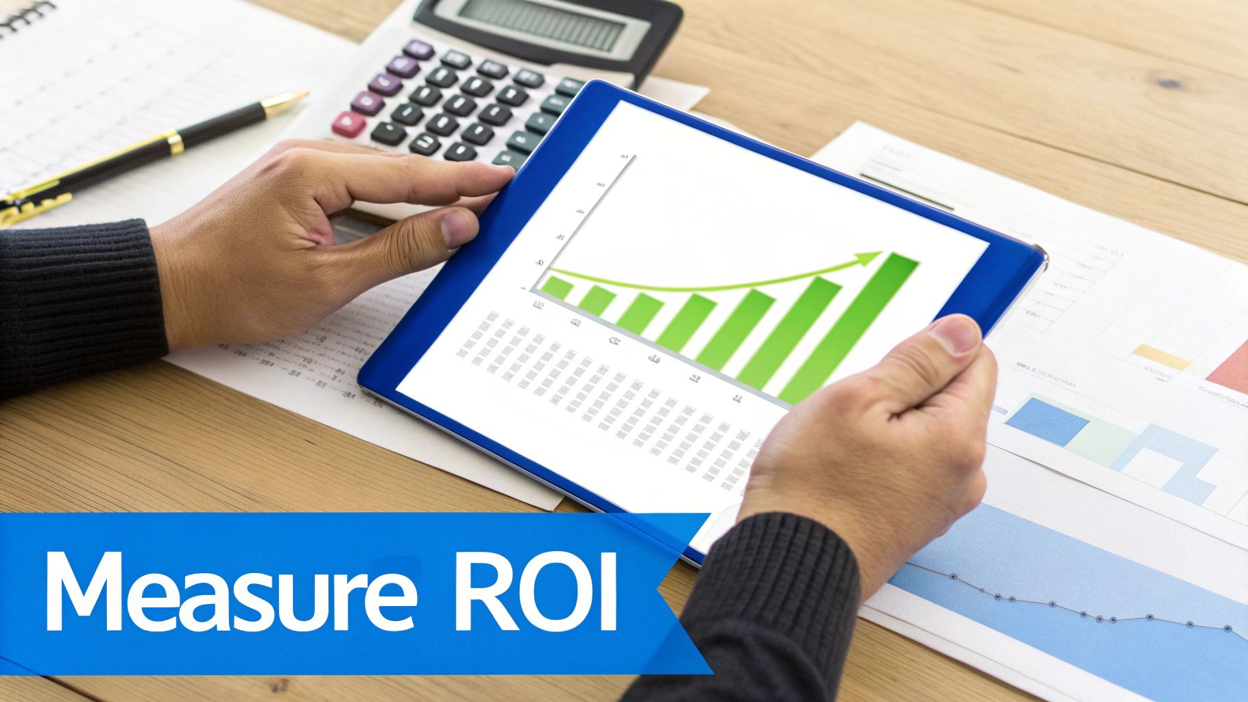 Hands hold a tablet displaying a green bar chart with an upward trend, indicating growth and ROI.