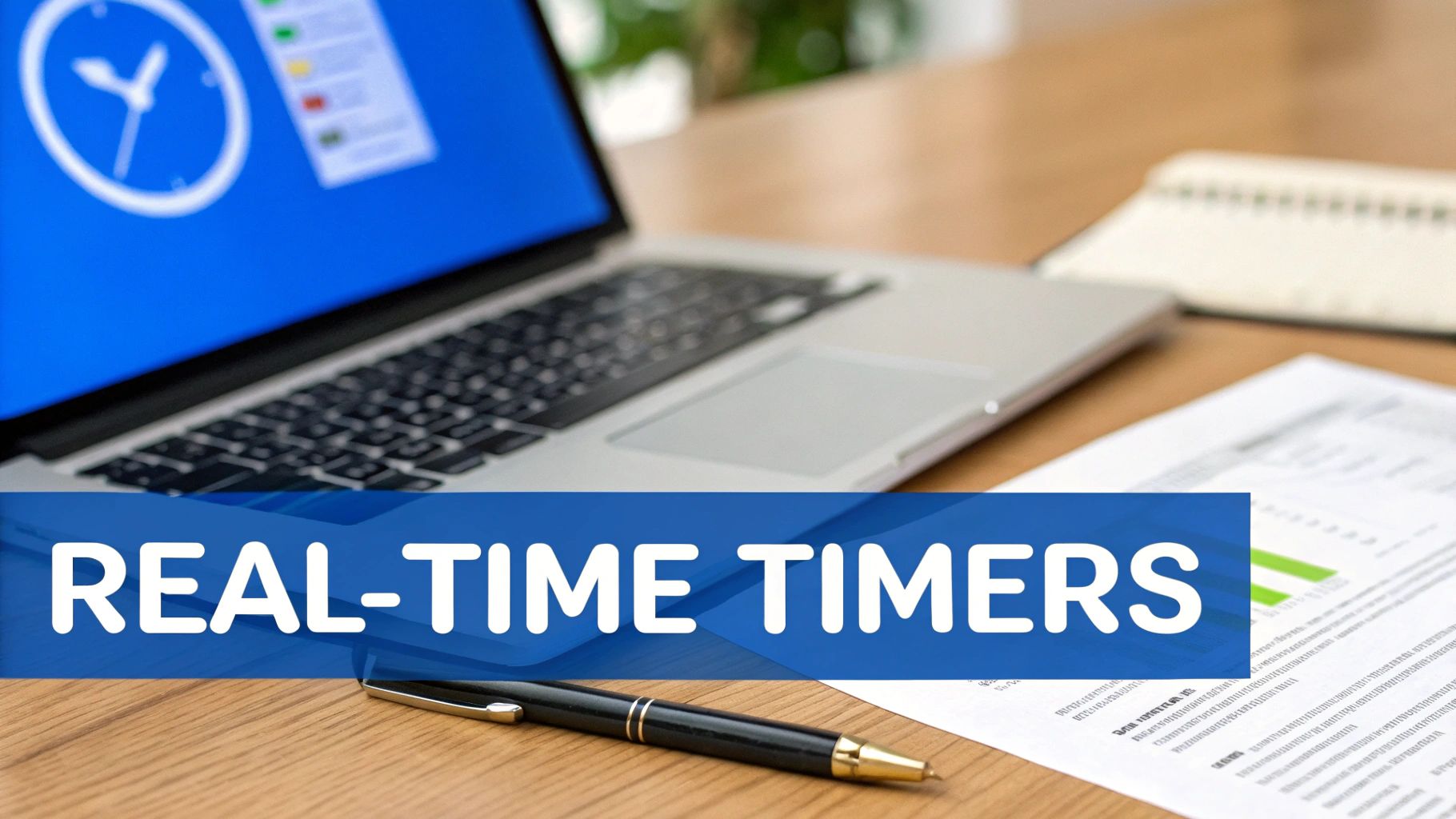 A laptop on a wooden desk displaying a clock and data, with a pen and documents, and 'REAL-TIME TIMERS' text.
