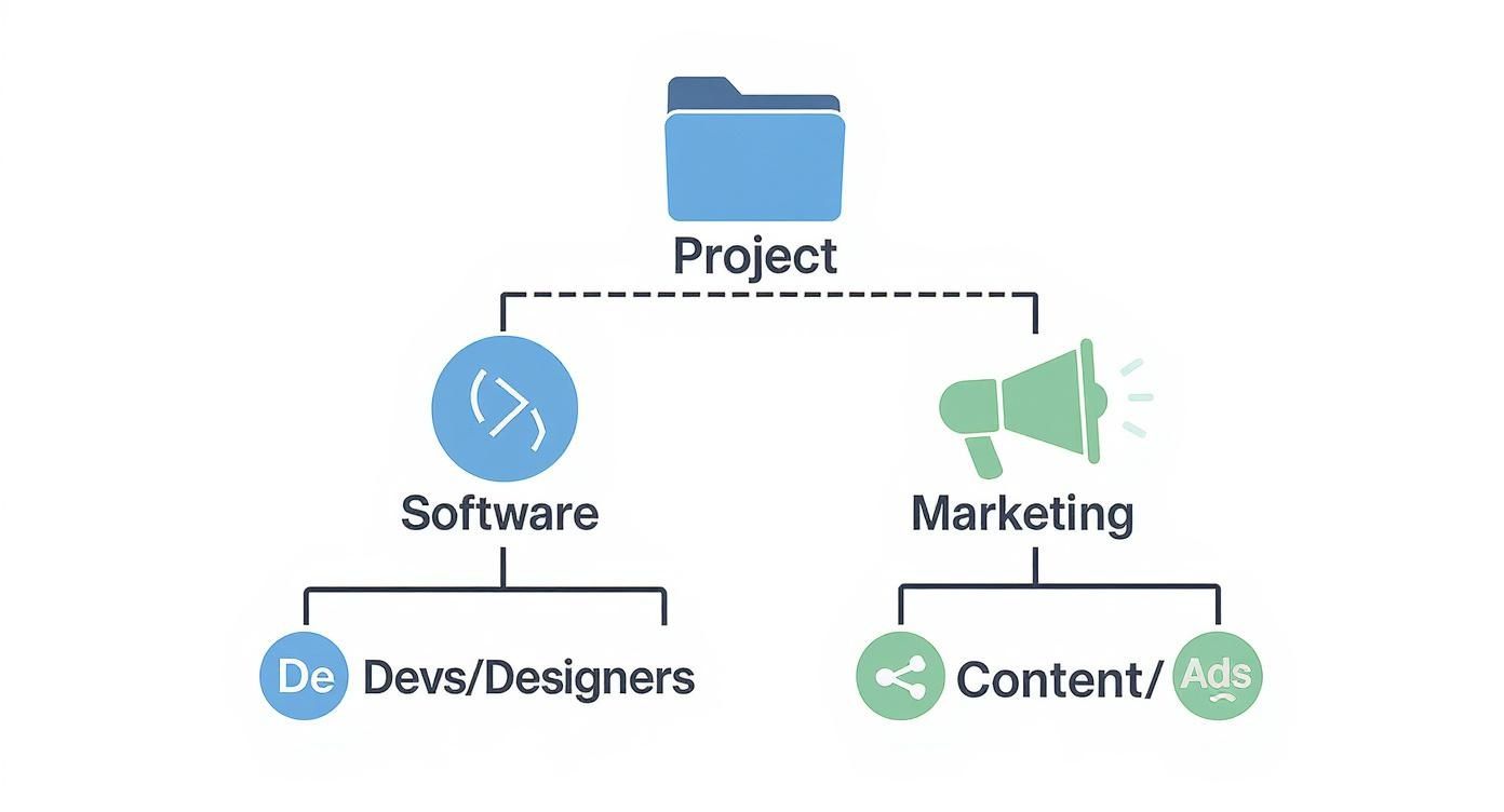An infographic showing a hierarchy diagram for a Software Agency and a Marketing Agency, breaking down project resources like developers, designers, content creators, and ad specialists.