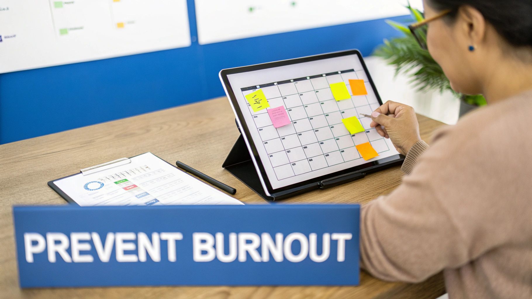 A team collaborating happily in a well-lit office, representing a healthy work environment.