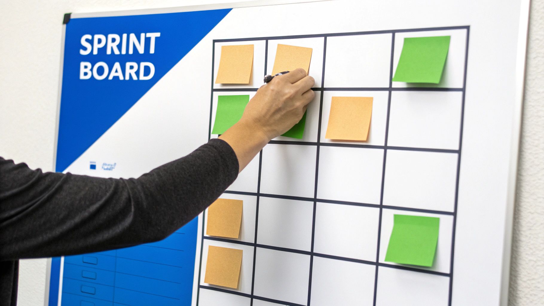 A person's hand places an orange sticky note on a white sprint board with a grid.