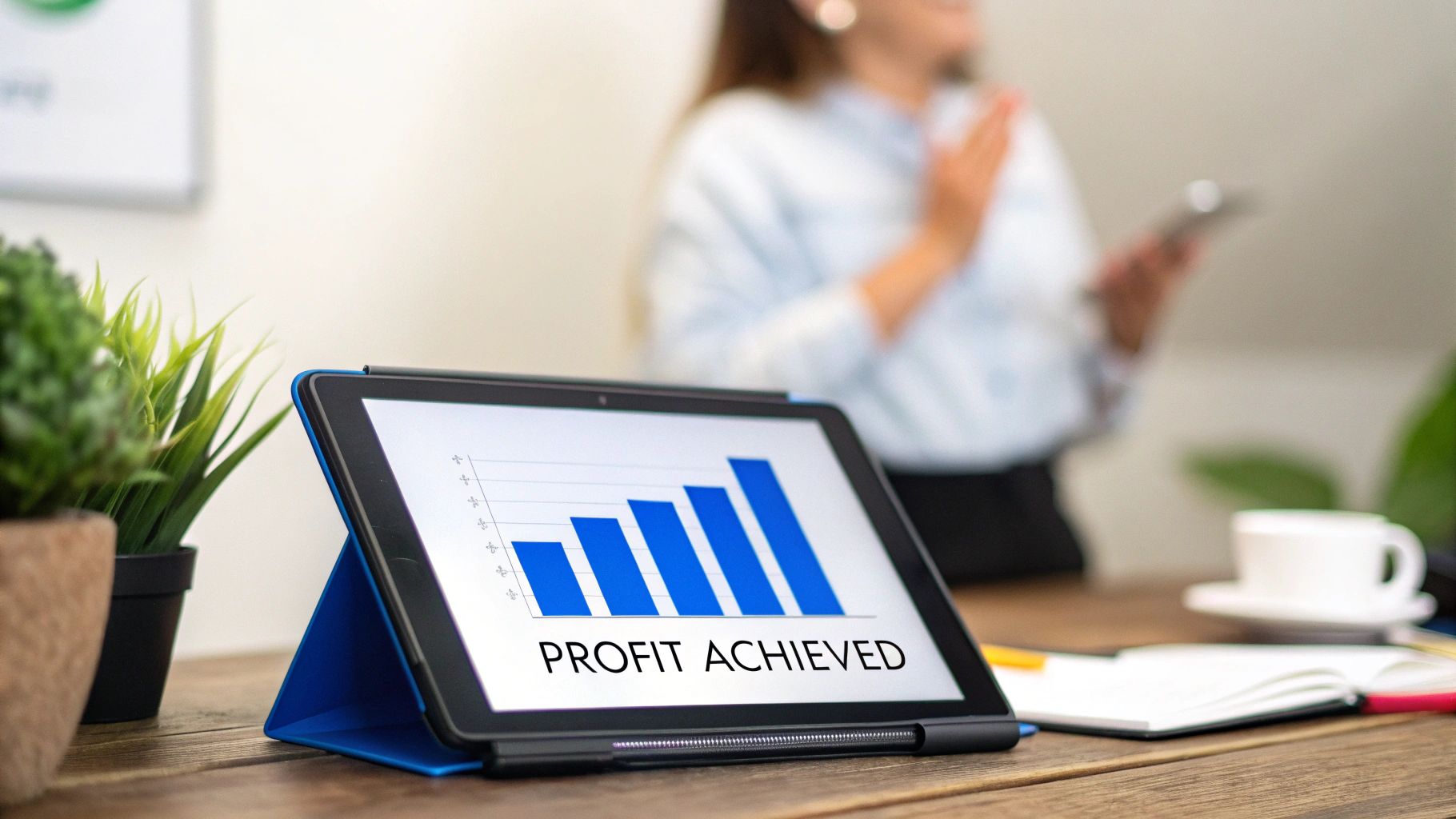 A tablet on a desk shows a bar chart with 'PROFIT ACHIEVED', symbolizing business growth.