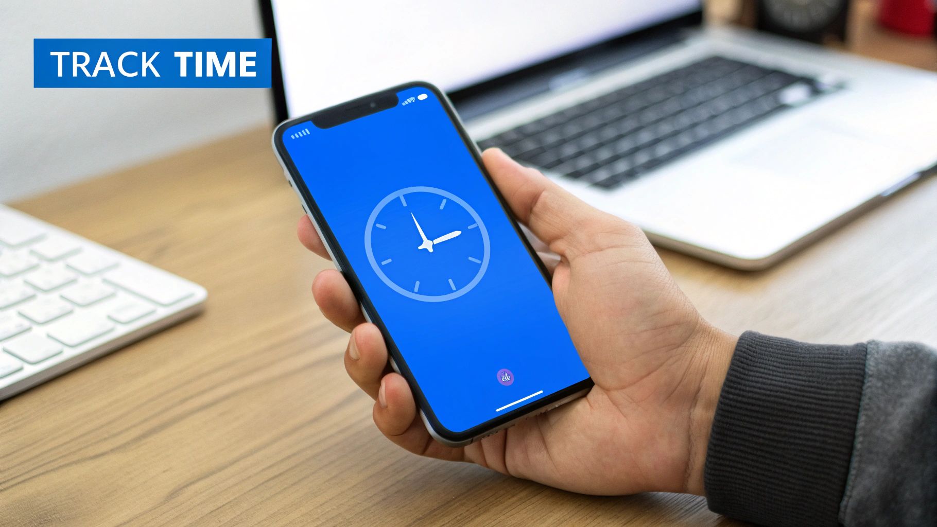 A person's hand holds a smartphone displaying a clock on a blue screen, with 'TRACK TIME' visible.