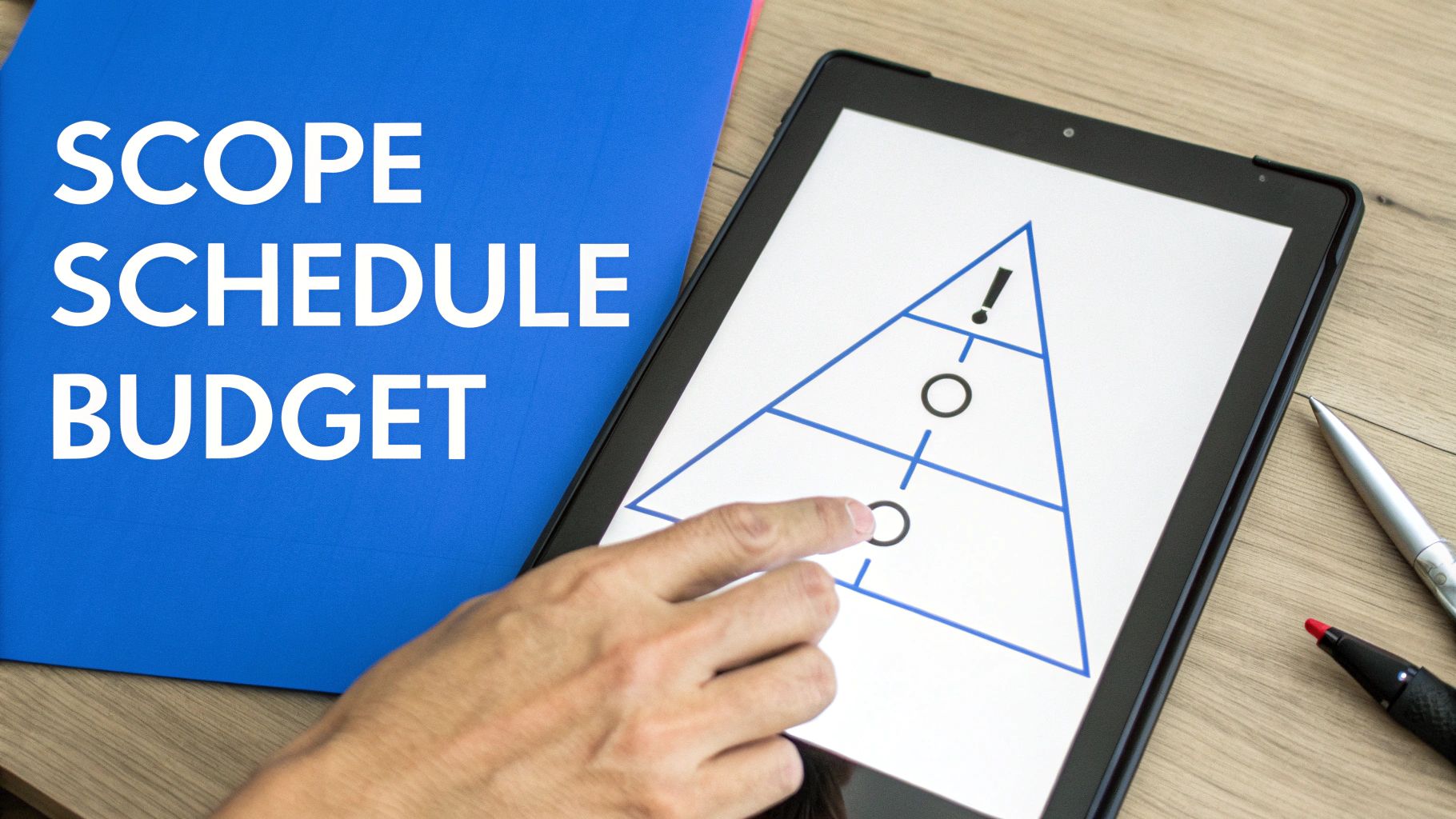 A hand points at a project management diagram on a tablet next to a folder titled Scope, Schedule, Budget.