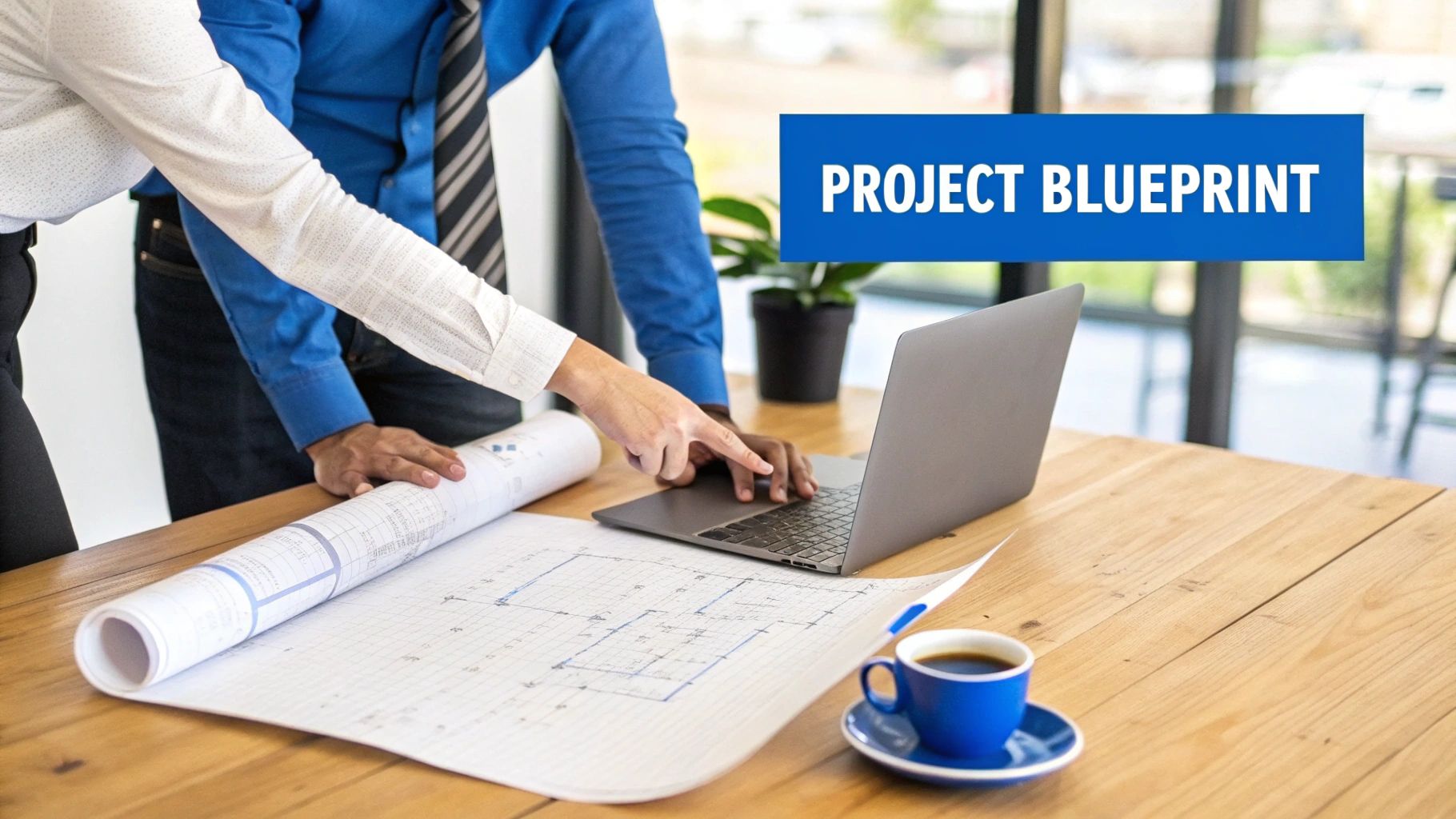 Two architects collaborate on a project, examining blueprints and a laptop on a wooden desk.