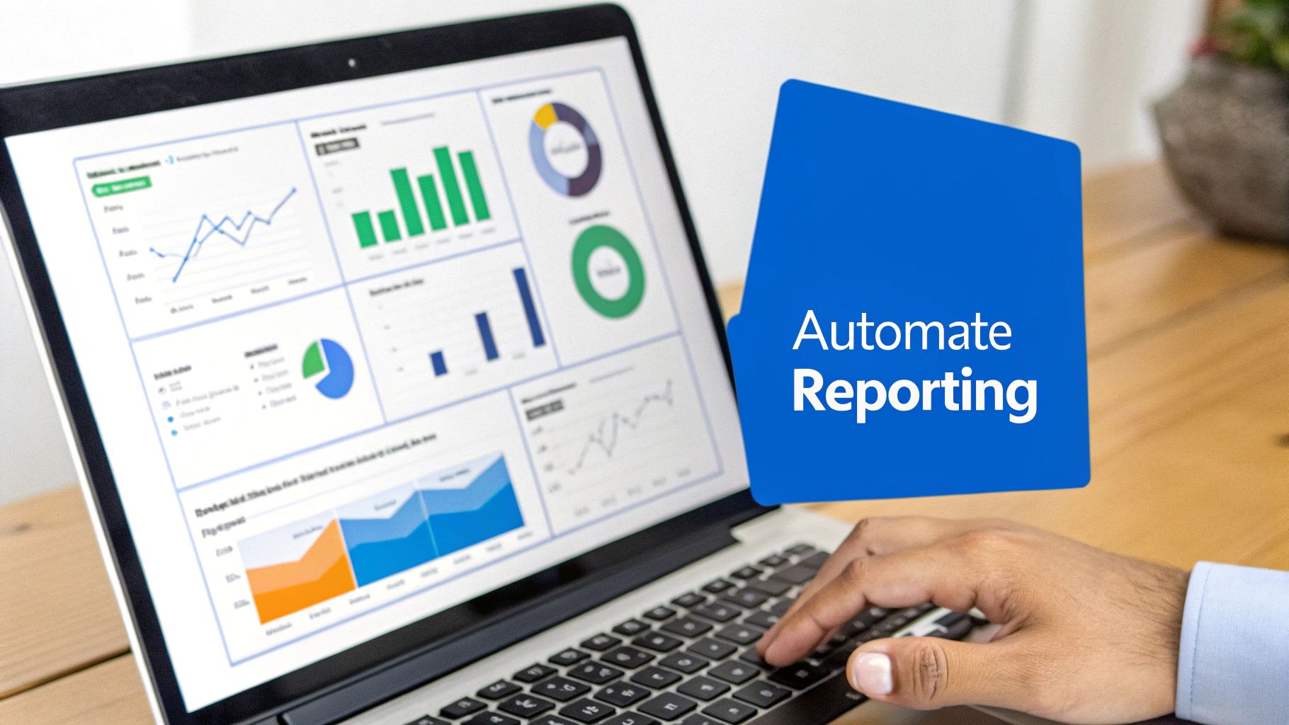A person's hands typing on a laptop displaying various data dashboards and charts, with 'Automate Reporting' overlay.