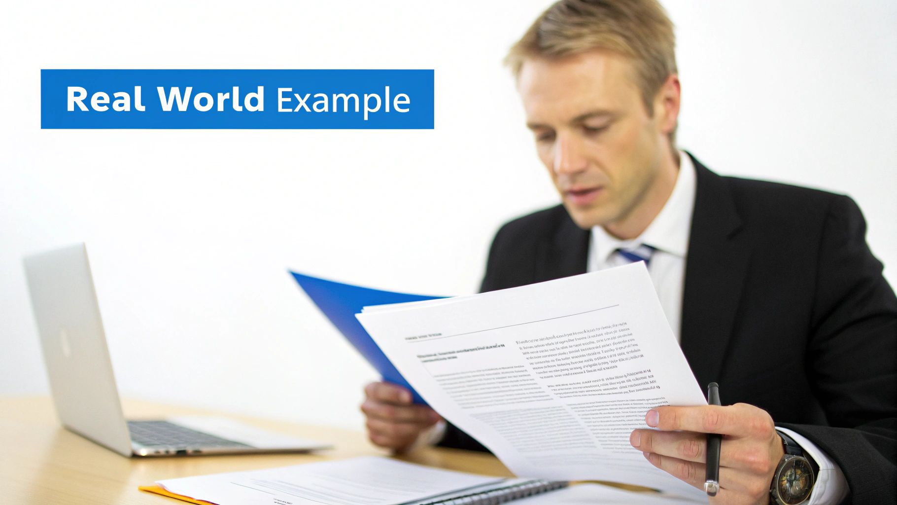 A businessman in a suit reviews documents at a desk with a laptop, illustrating a real-world example.