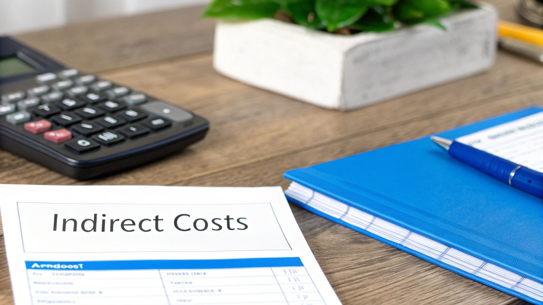 A document titled 'Indirect Costs' on a desk with a calculator and blue notebook.