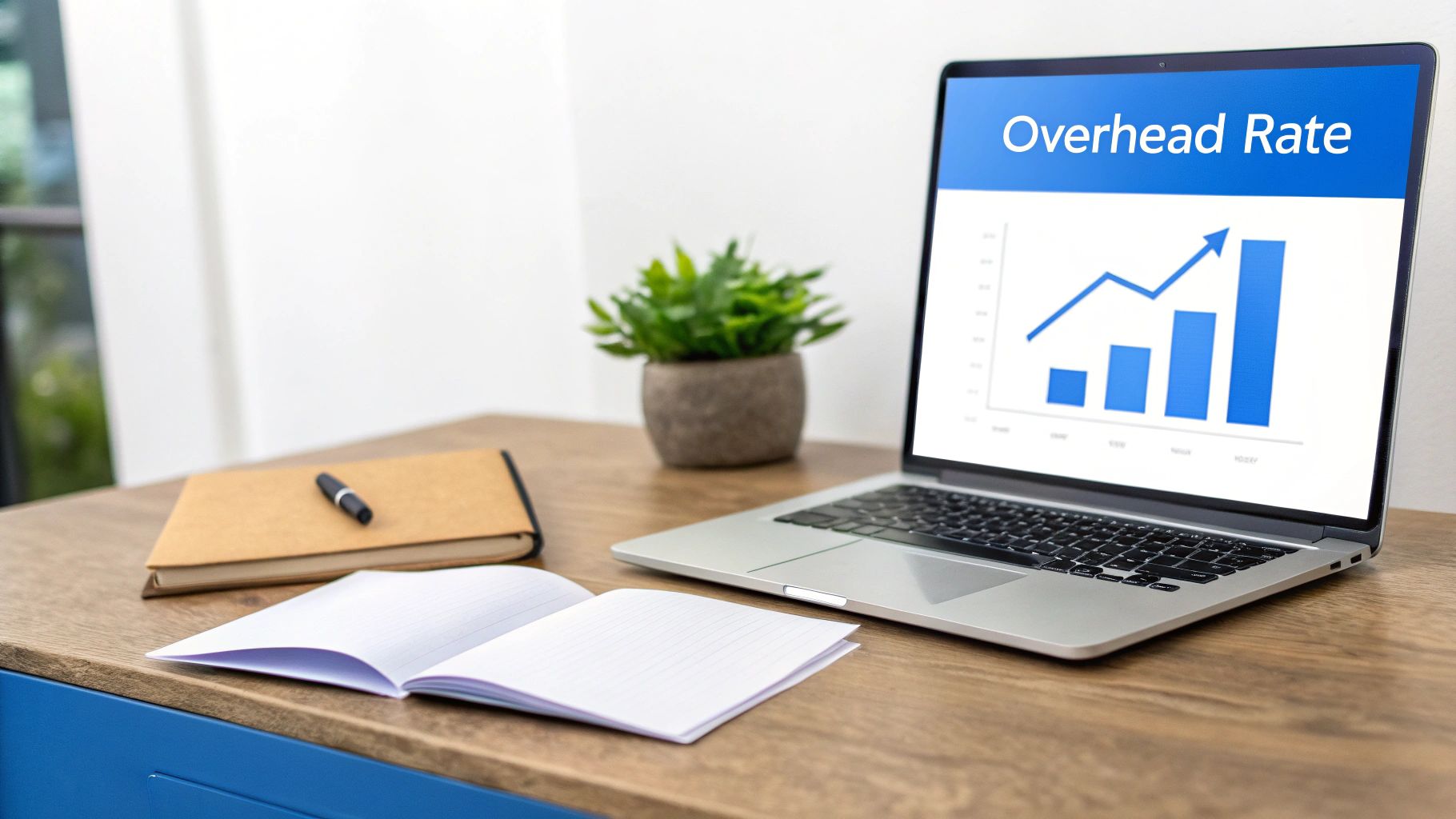 Laptop on a wooden desk displaying a growing 'Overhead Rate' chart, with notebooks and a plant.