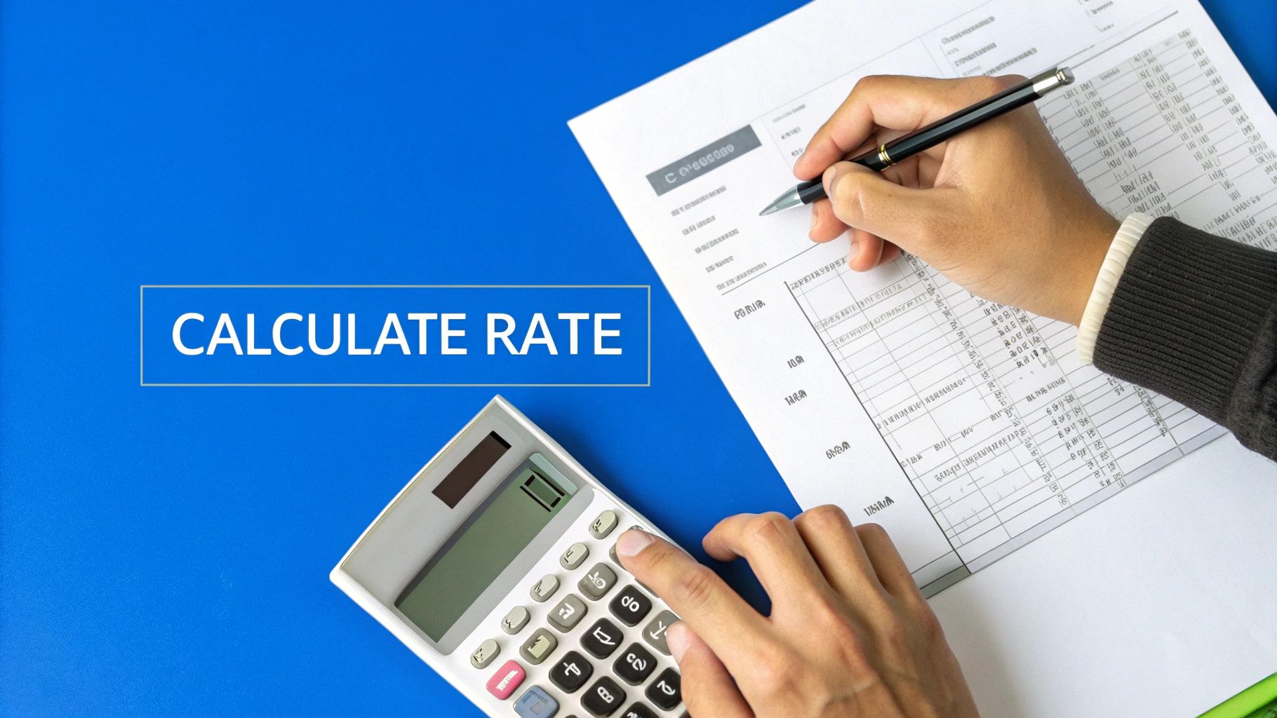 Hands using a calculator and writing on a document with 'CALCULATE RATE' text on a blue background.