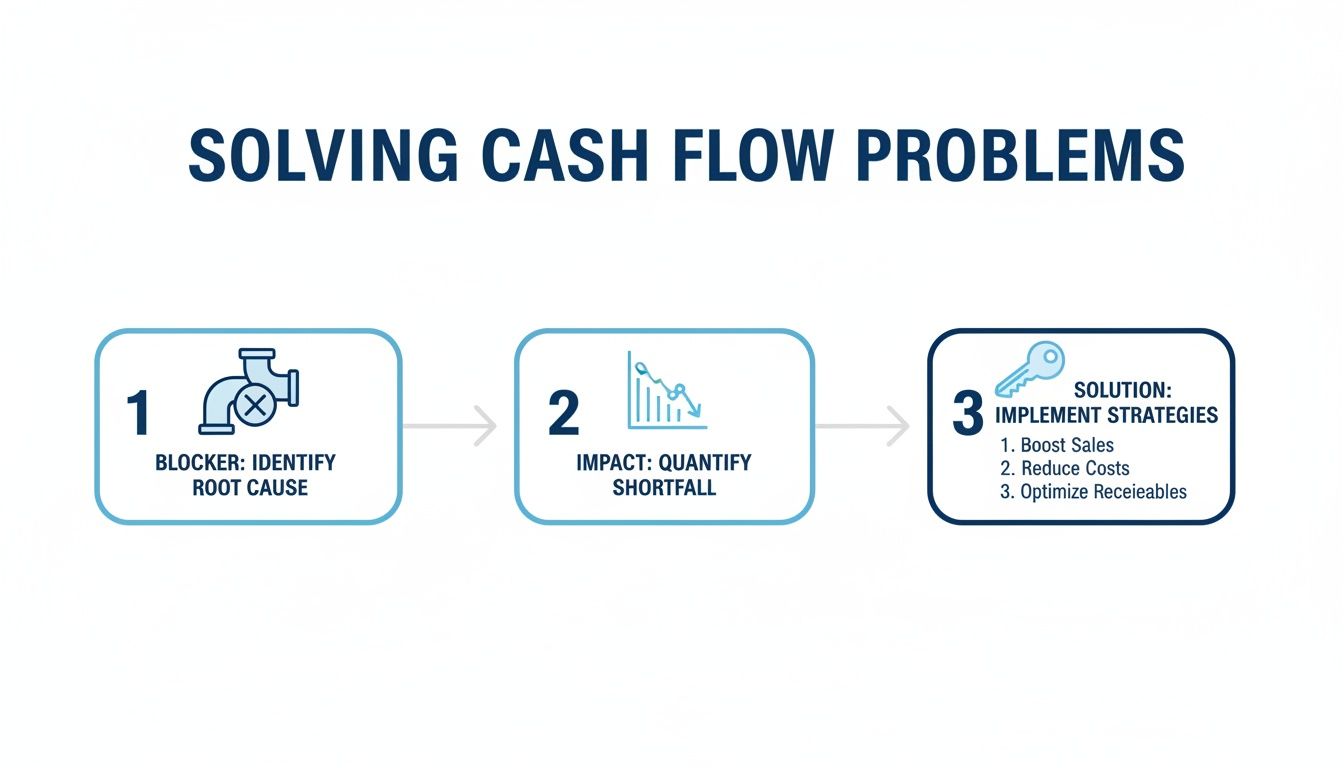 A 3-step process for solving cash flow problems, including identifying root causes and implementing strategies.