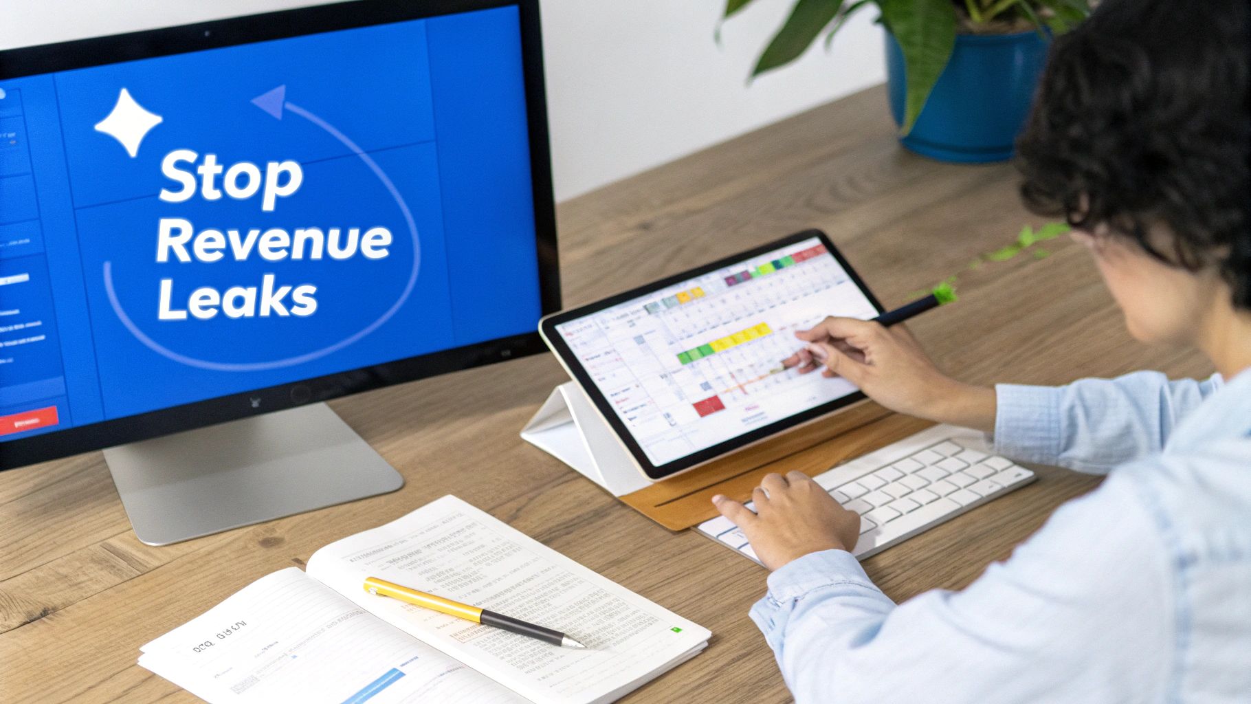 Person analyzing financial data on a laptop screen to find cash leaks, holding a pen.