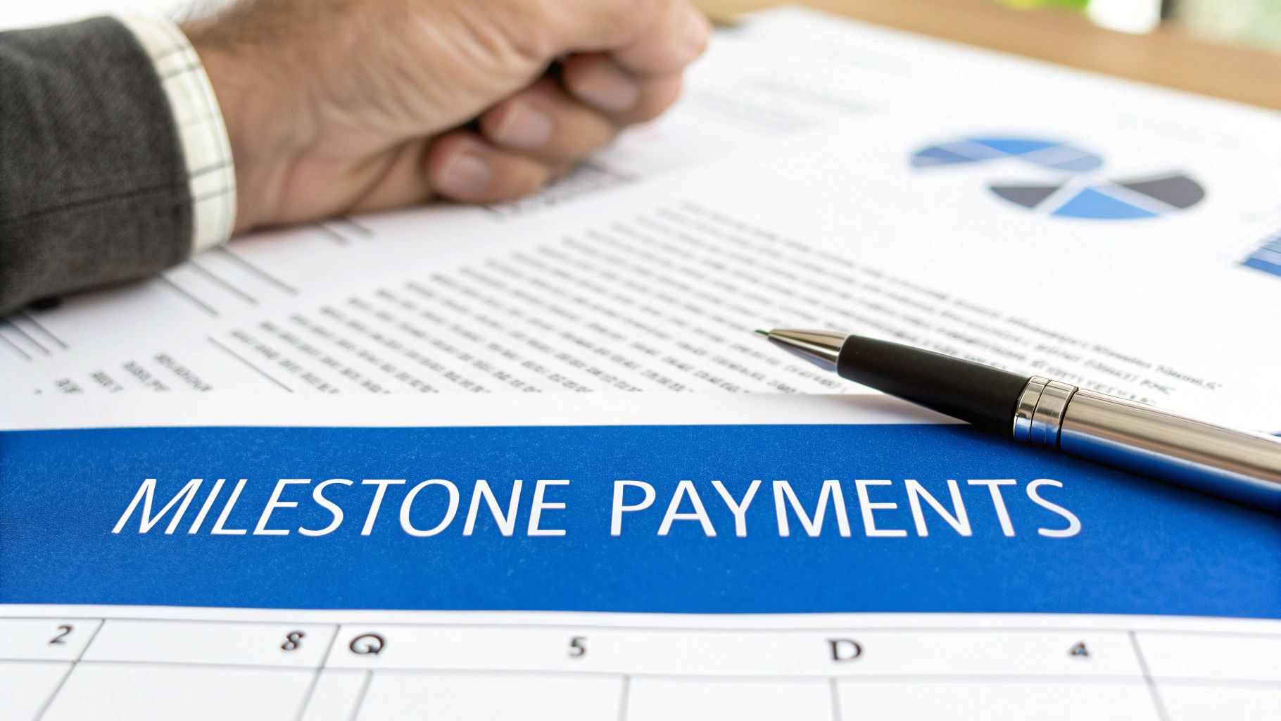 Close-up of a document with 'MILESTONE PAYMENTS' in blue, a pen, and a person's hand.