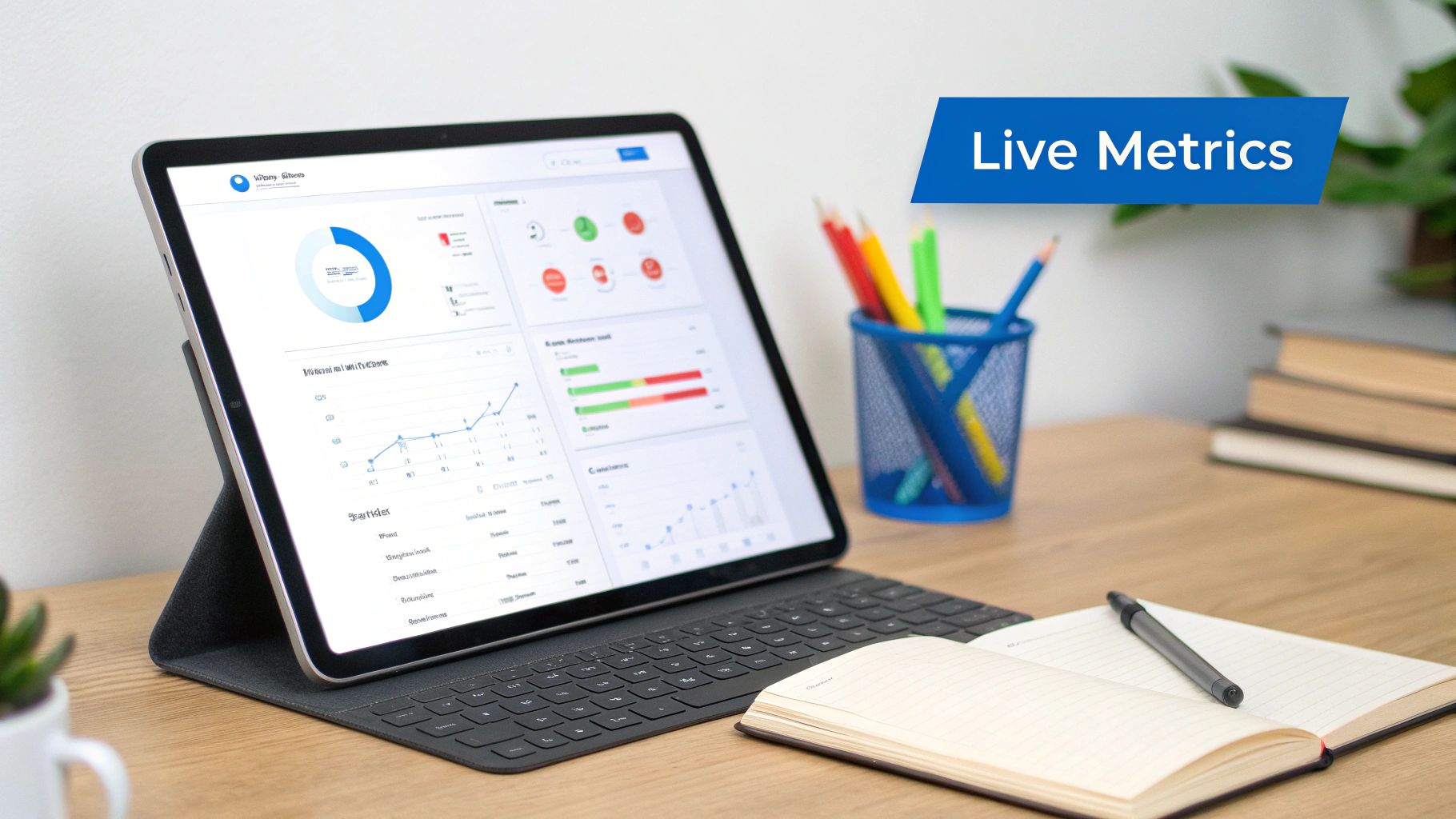 A tablet displaying live metrics, charts, and data on a wooden desk with a notebook and pencils.