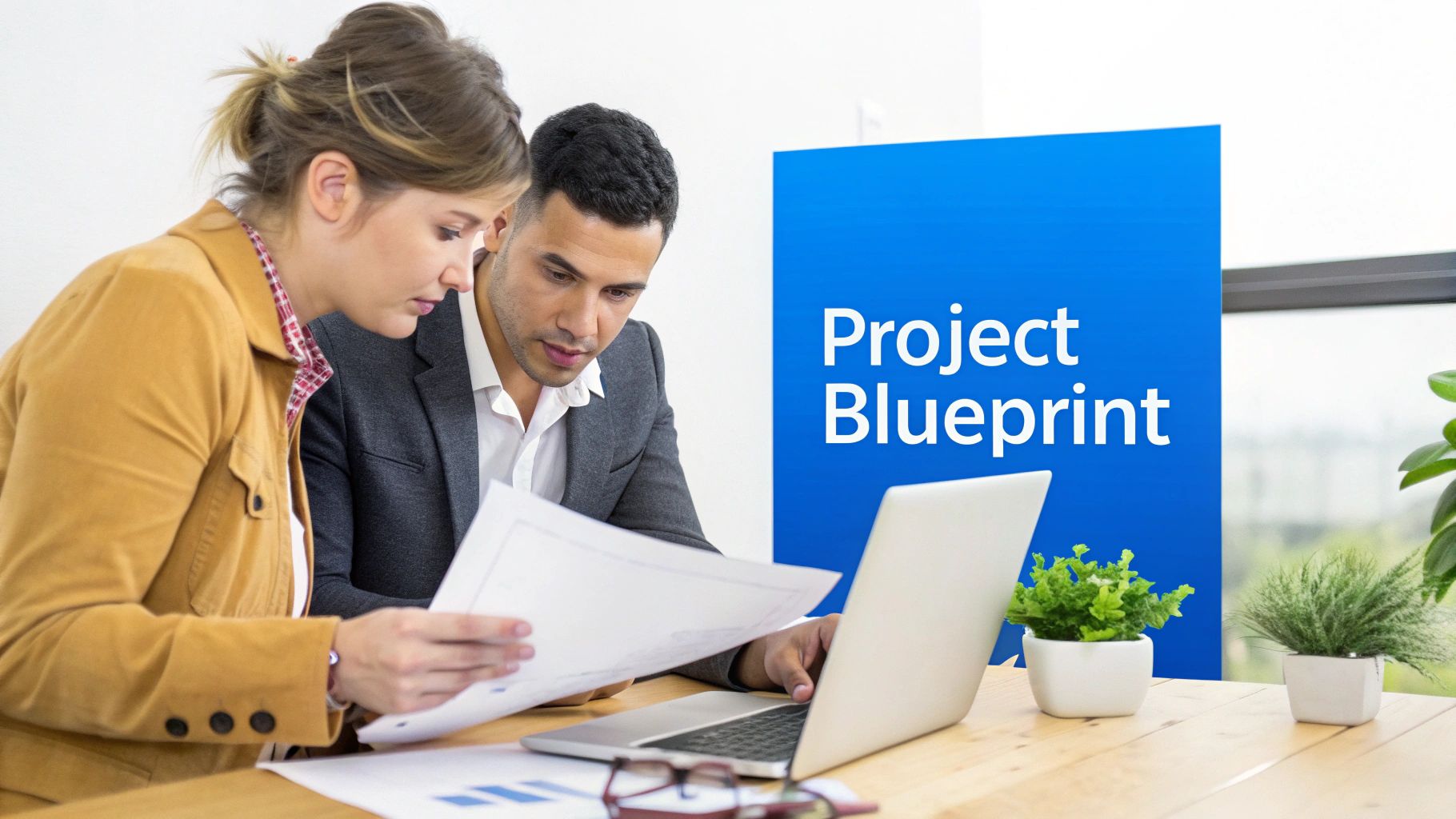 Two business professionals collaborating on a project, reviewing documents and a laptop at a desk.