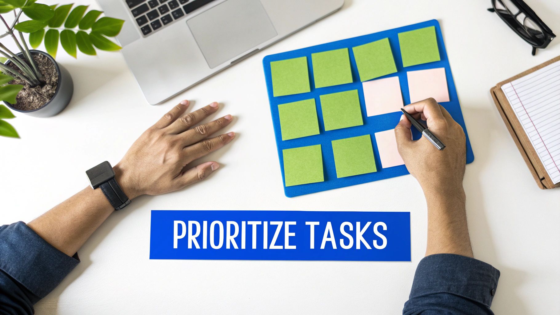 Overhead shot of a person writing on sticky notes to prioritize tasks on a desk with a laptop and plant.