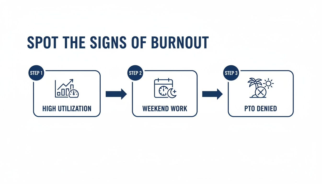Infographic showing three steps to identify burnout: high utilization, weekend work, and PTO denied.