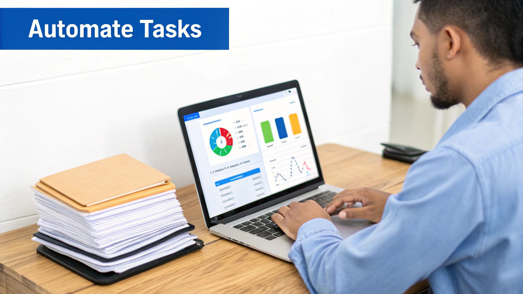 A man uses a laptop displaying data visualizations, next to a stack of papers, suggesting task automation.