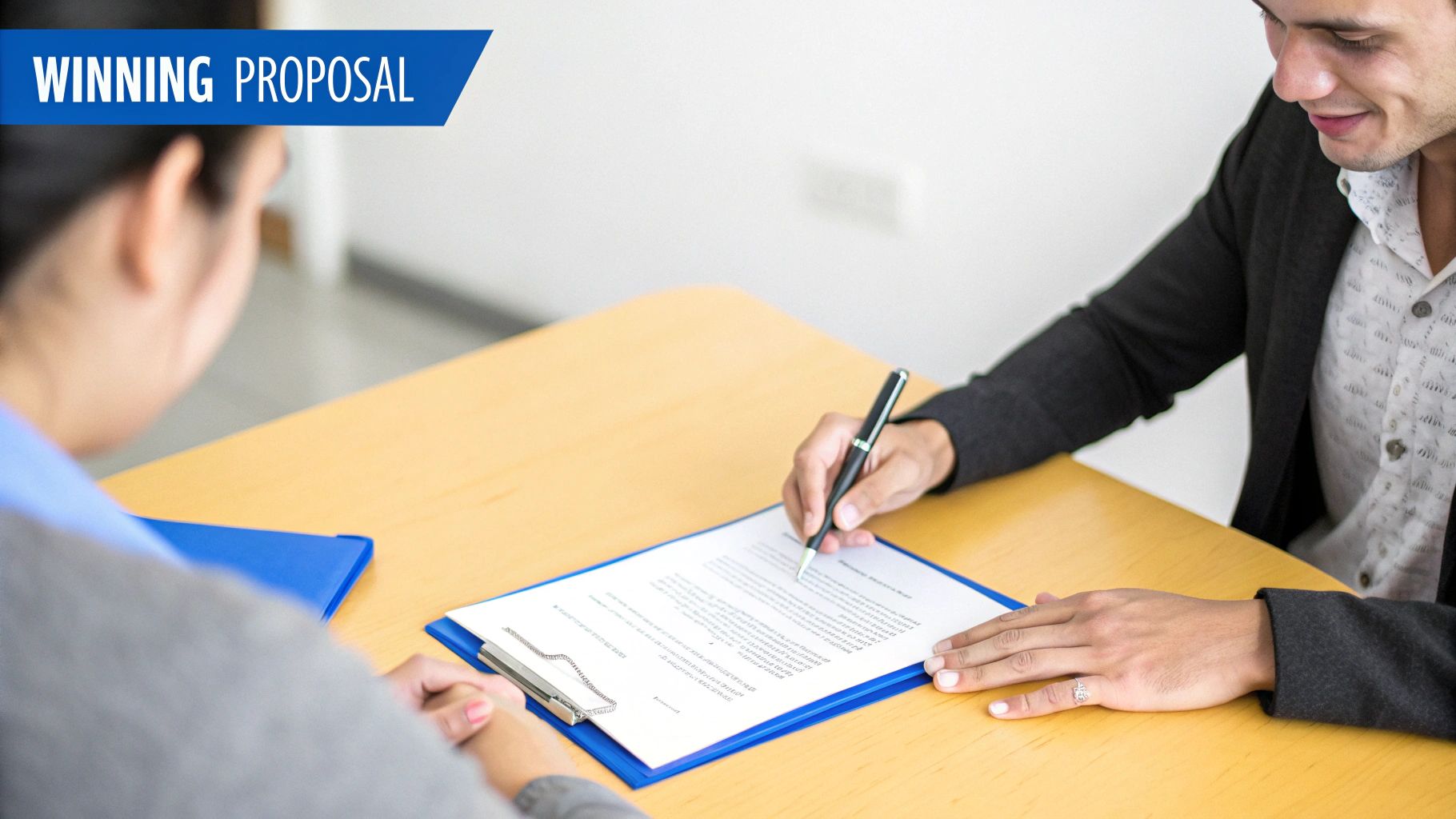 A smiling man signs a document on a blue clipboard, with a 'Winning Proposal' banner.