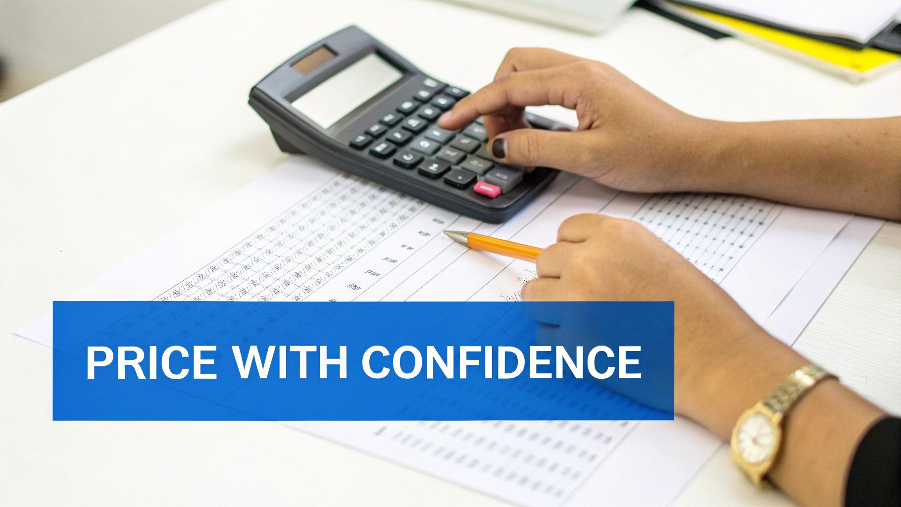 Close-up of hands using a calculator and pen on a spreadsheet, with text 'PRICE WITH CONFIDENCE'.
