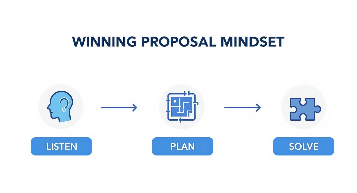 Process diagram showing the winning proposal mindset: listen, plan, and solve steps.