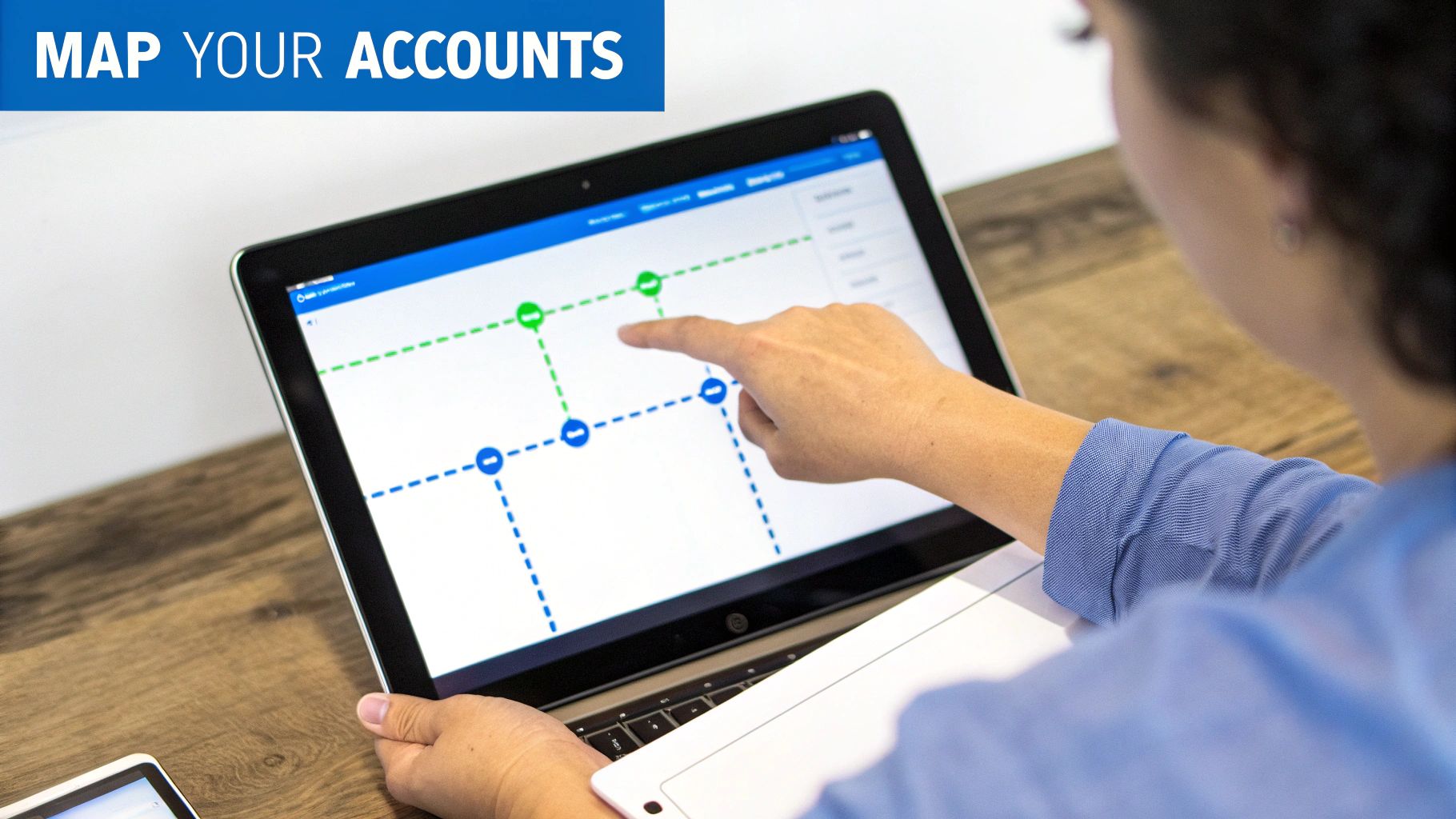 A person maps accounts on a laptop screen, showing a network graph with blue and green nodes and dashed lines.