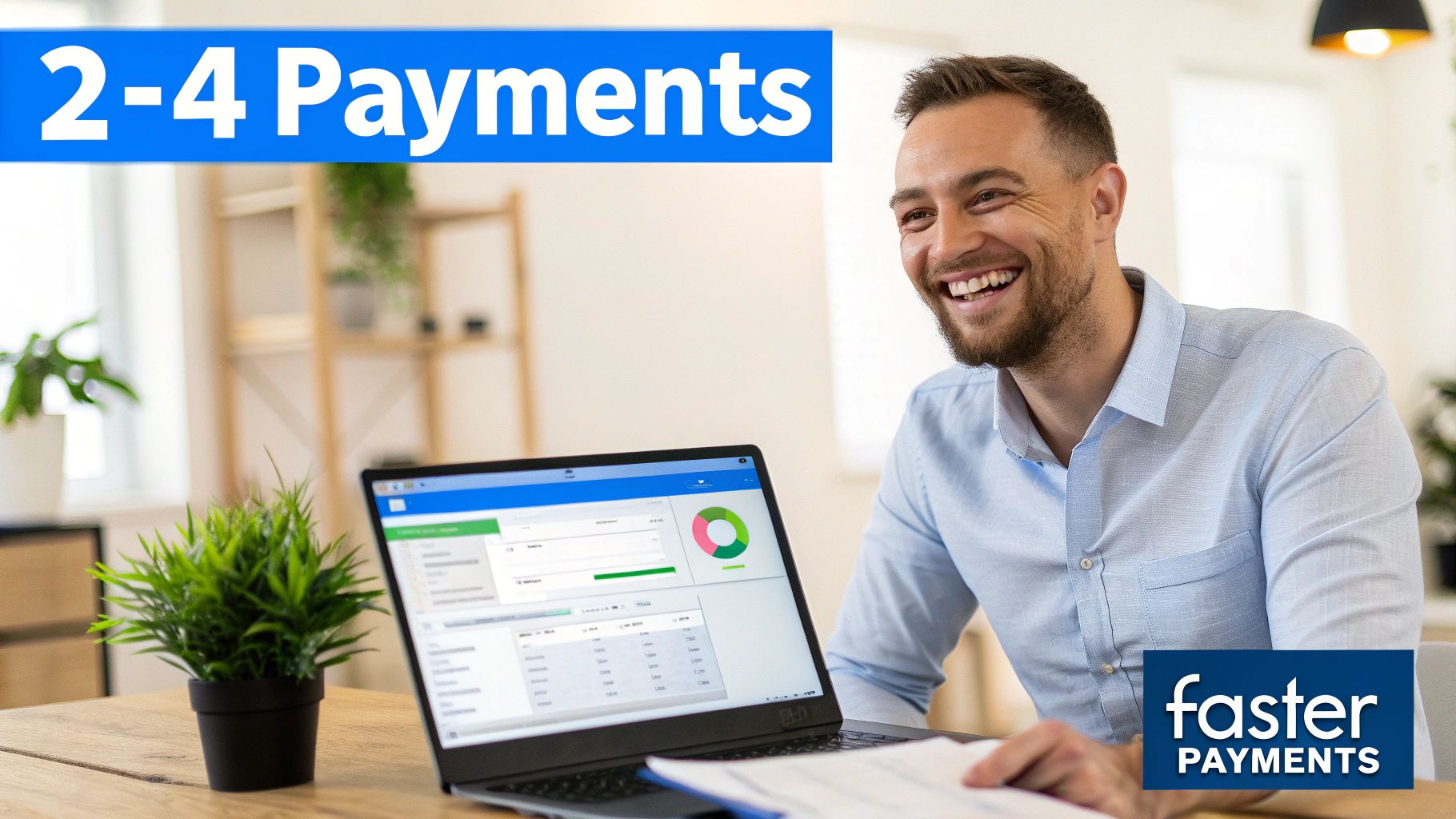 A happy man smiling and using a laptop with financial charts and '2-4 Payments' text.