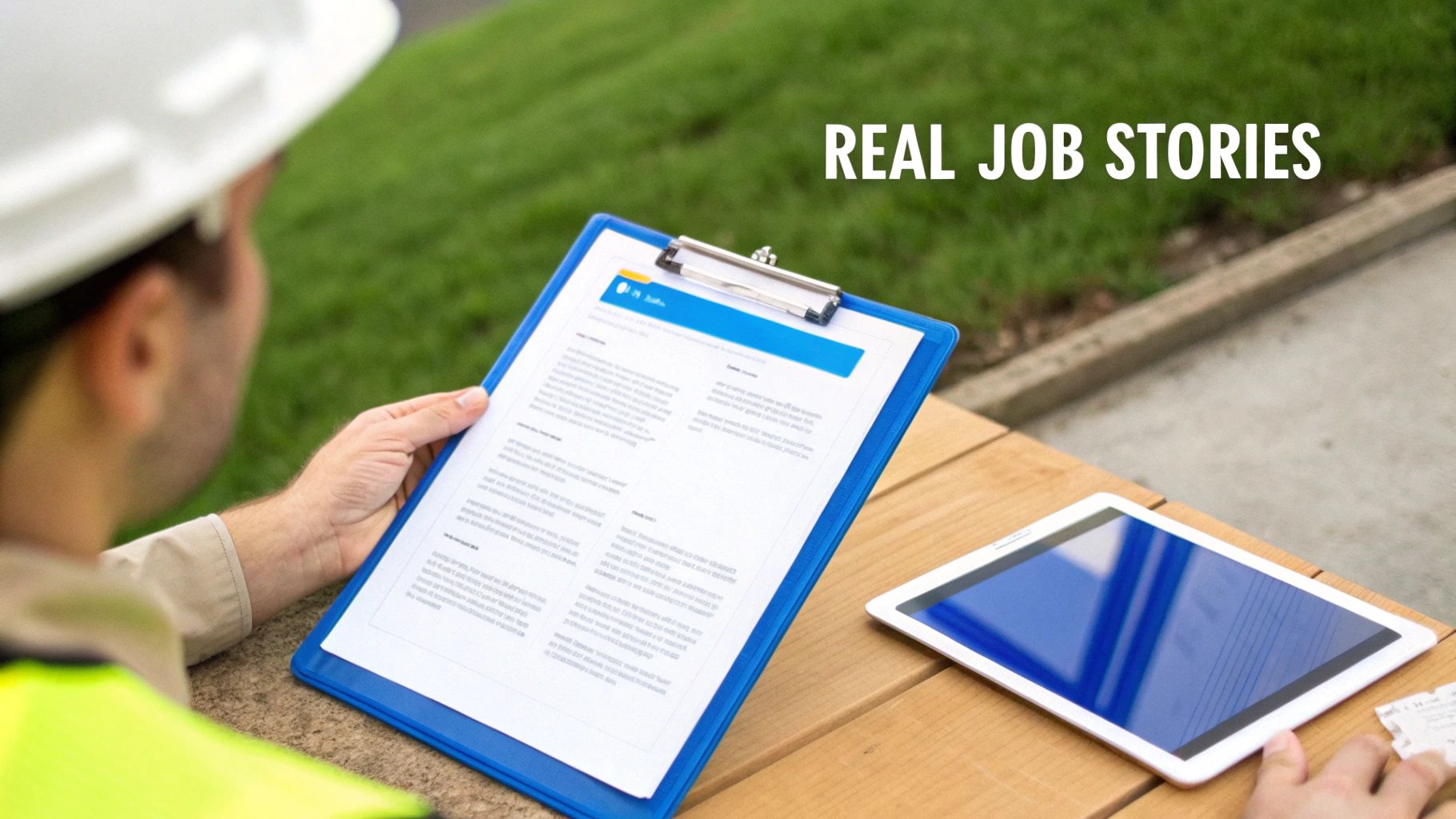 Construction worker reviewing job documentation on clipboard with tablet showing real job stories text