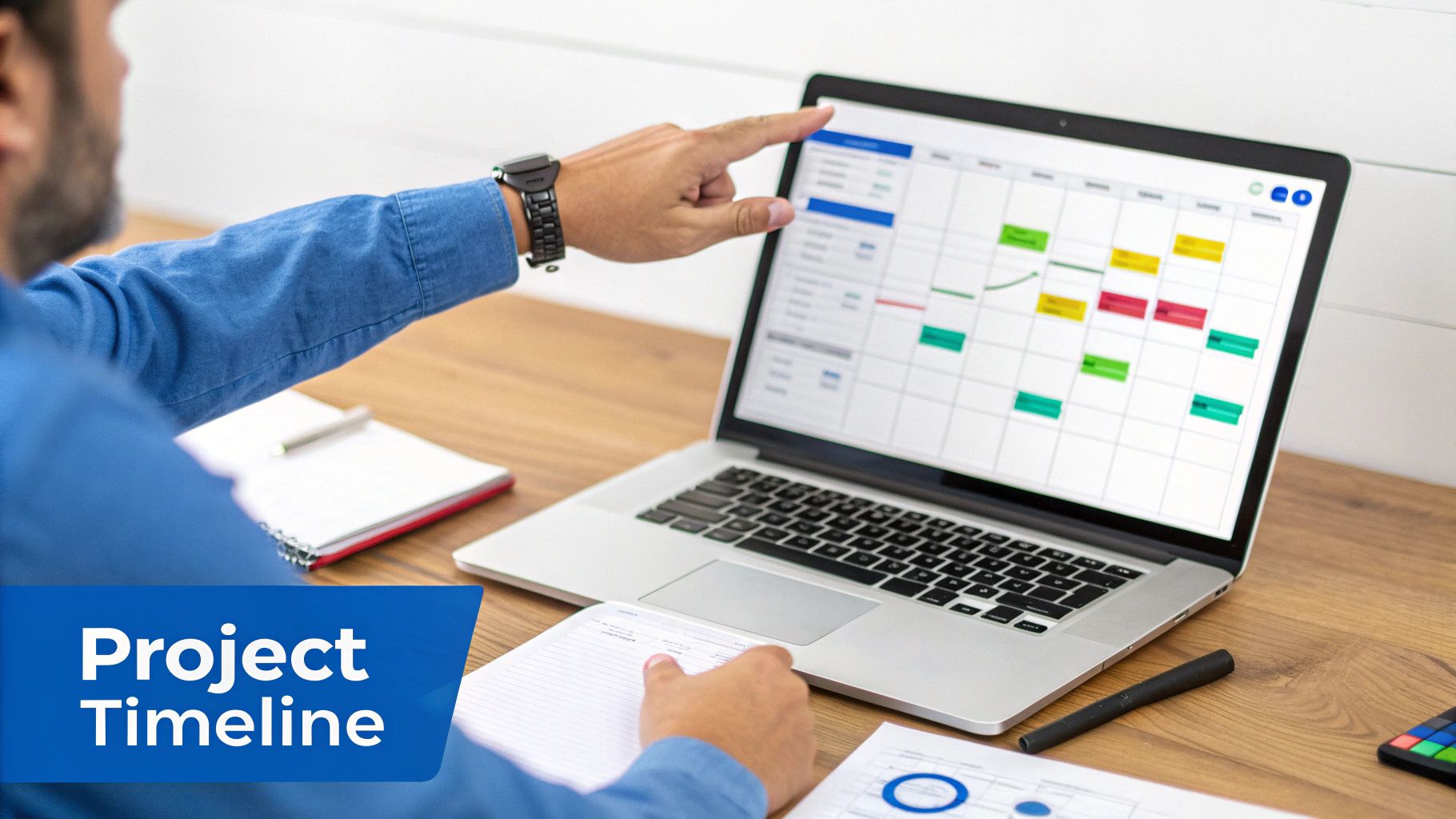Man's hand pointing at a laptop screen displaying a project management timeline with colorful blocks.