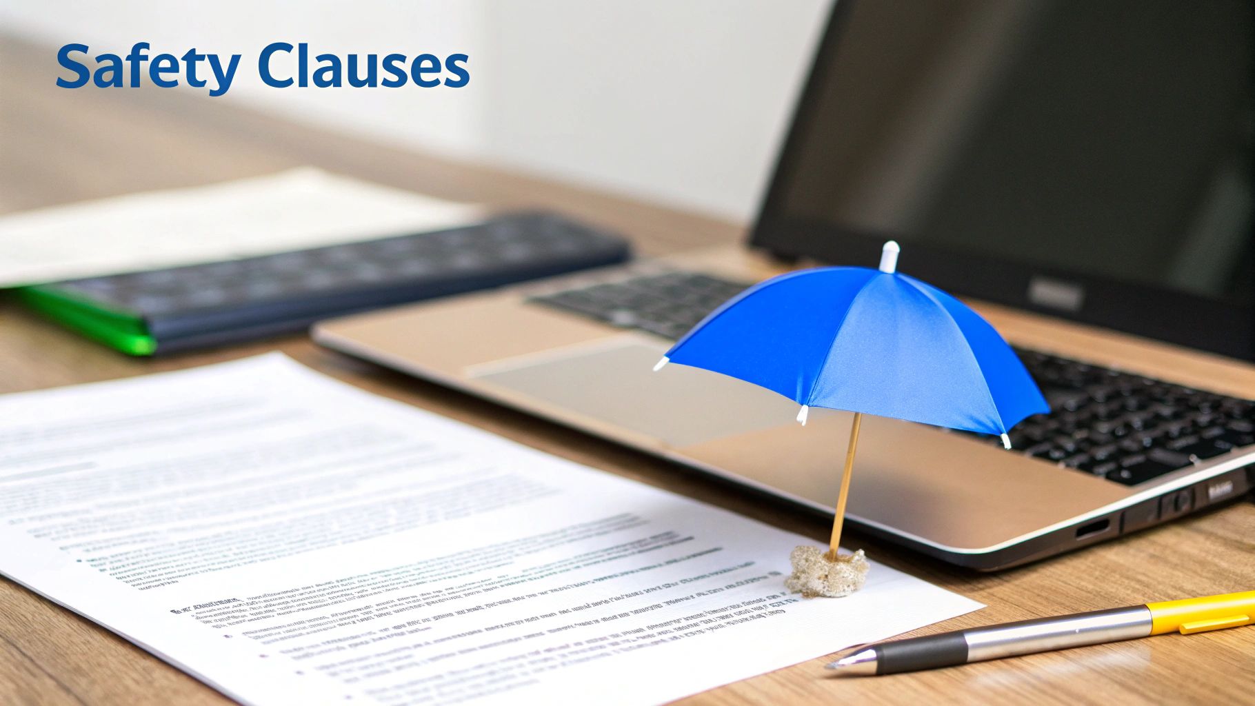 Close-up of safety clauses documents under a blue umbrella, with a laptop and pen.