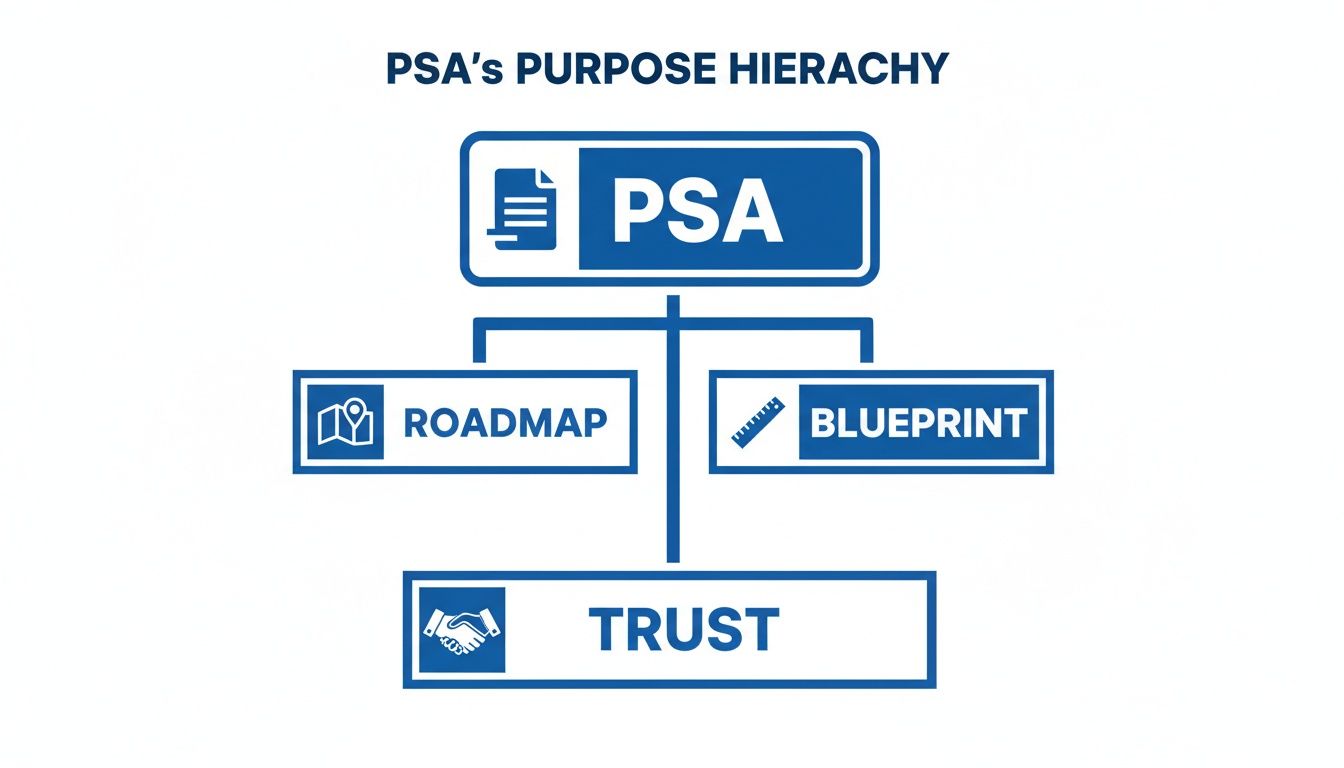 A diagram illustrating PSA's purpose hierarchy, showing PSA leading to Roadmap and Blueprint, which both build Trust.