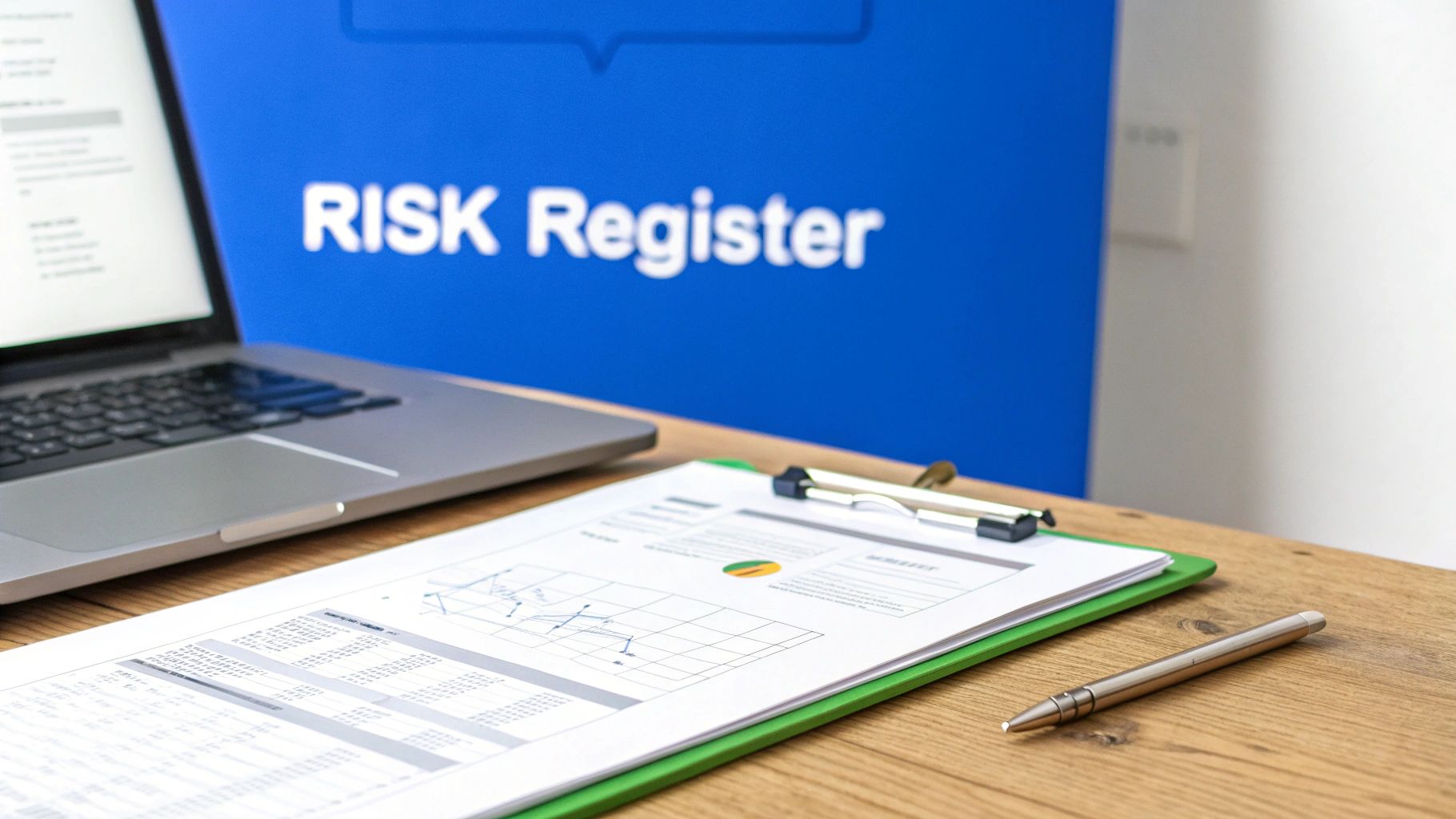 A desk setup with a laptop, financial documents, and a pen, with a "RISK Register" sign in the background.