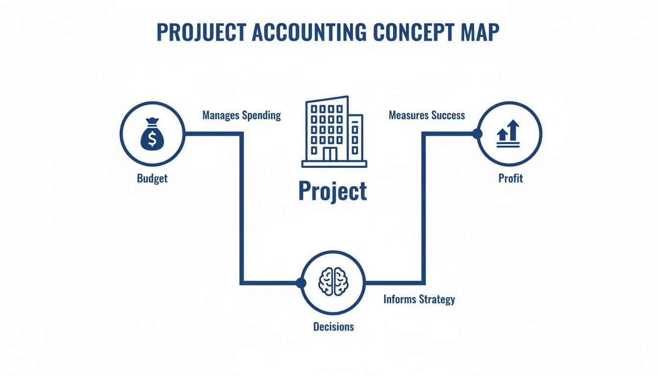 A concept map illustrating Project Accounting connecting Budget, Profit, and Decisions for strategic management.