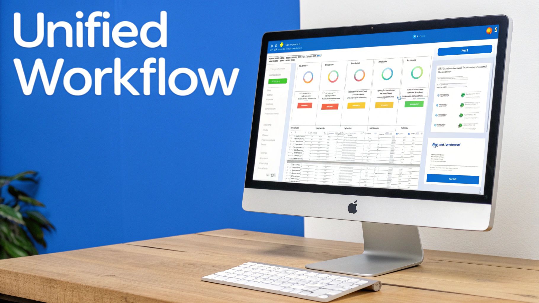 An Apple iMac displays a 'Unified Workflow' application dashboard on a wooden desk with a keyboard.
