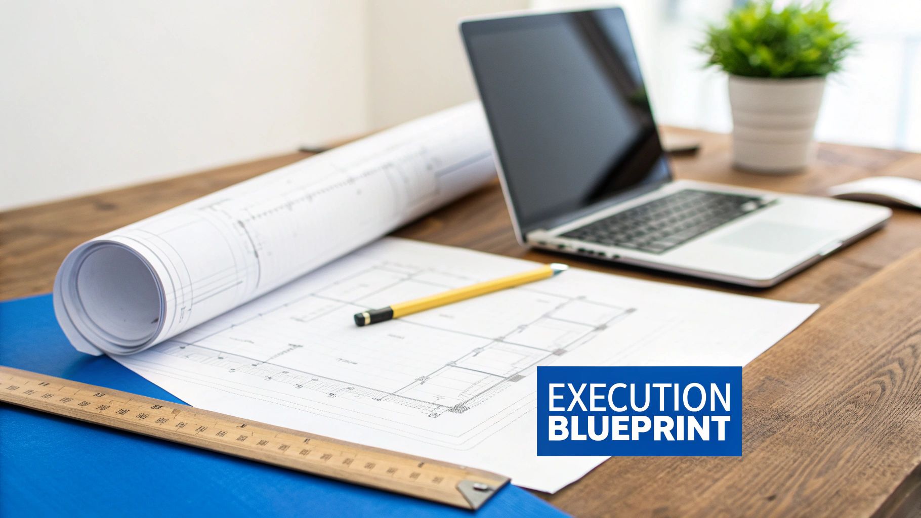 A desk with architectural blueprints, a pencil, and a laptop, symbolizing design and planning.