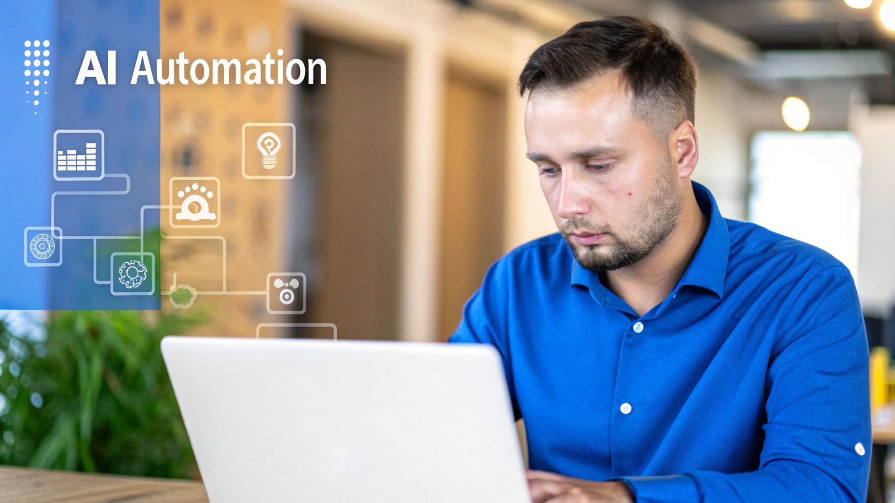 A focused man in a blue shirt works on a laptop with 'AI Automation' graphics.