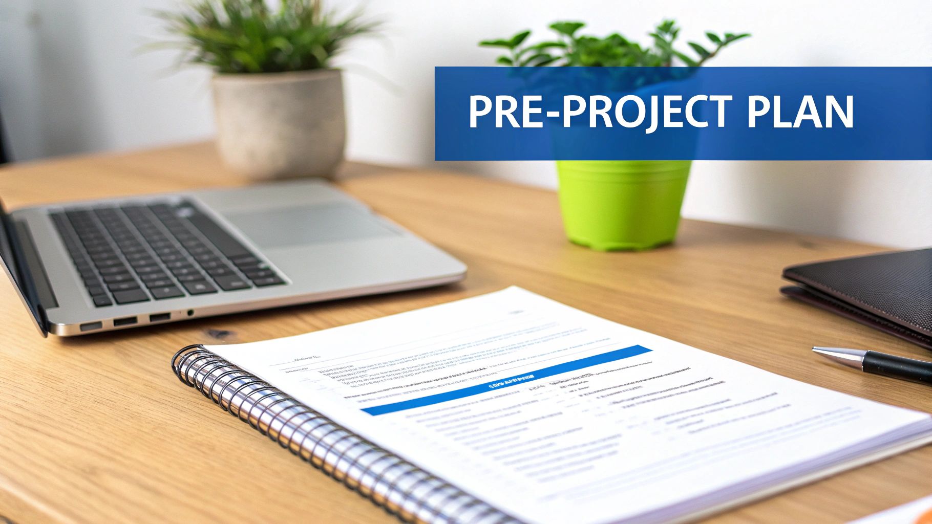 A professional desk with a laptop, notebook, pen, plants, and a prominent "PRE-PROJECT PLAN" banner.