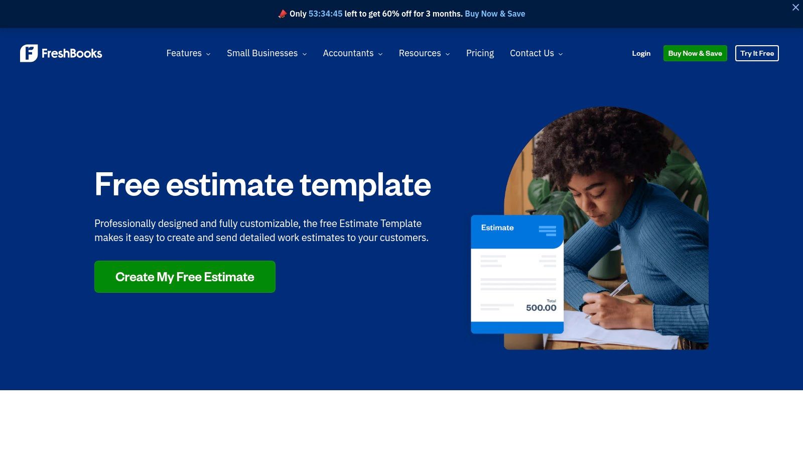 A screenshot of the FreshBooks estimate template, showing a simple and clean layout with fields for company logo, client information, itemized services, subtotals, and terms.