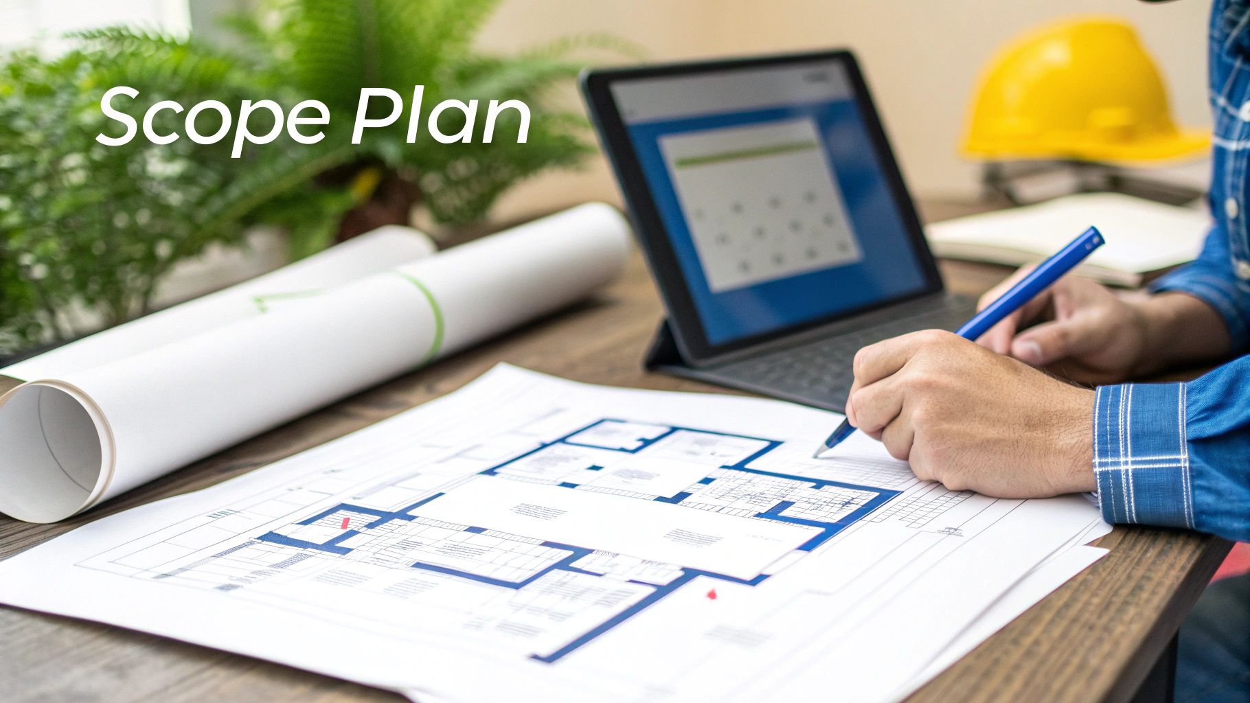 A person works on architectural blueprints with a pen, a tablet, and rolled plans on a wooden desk.