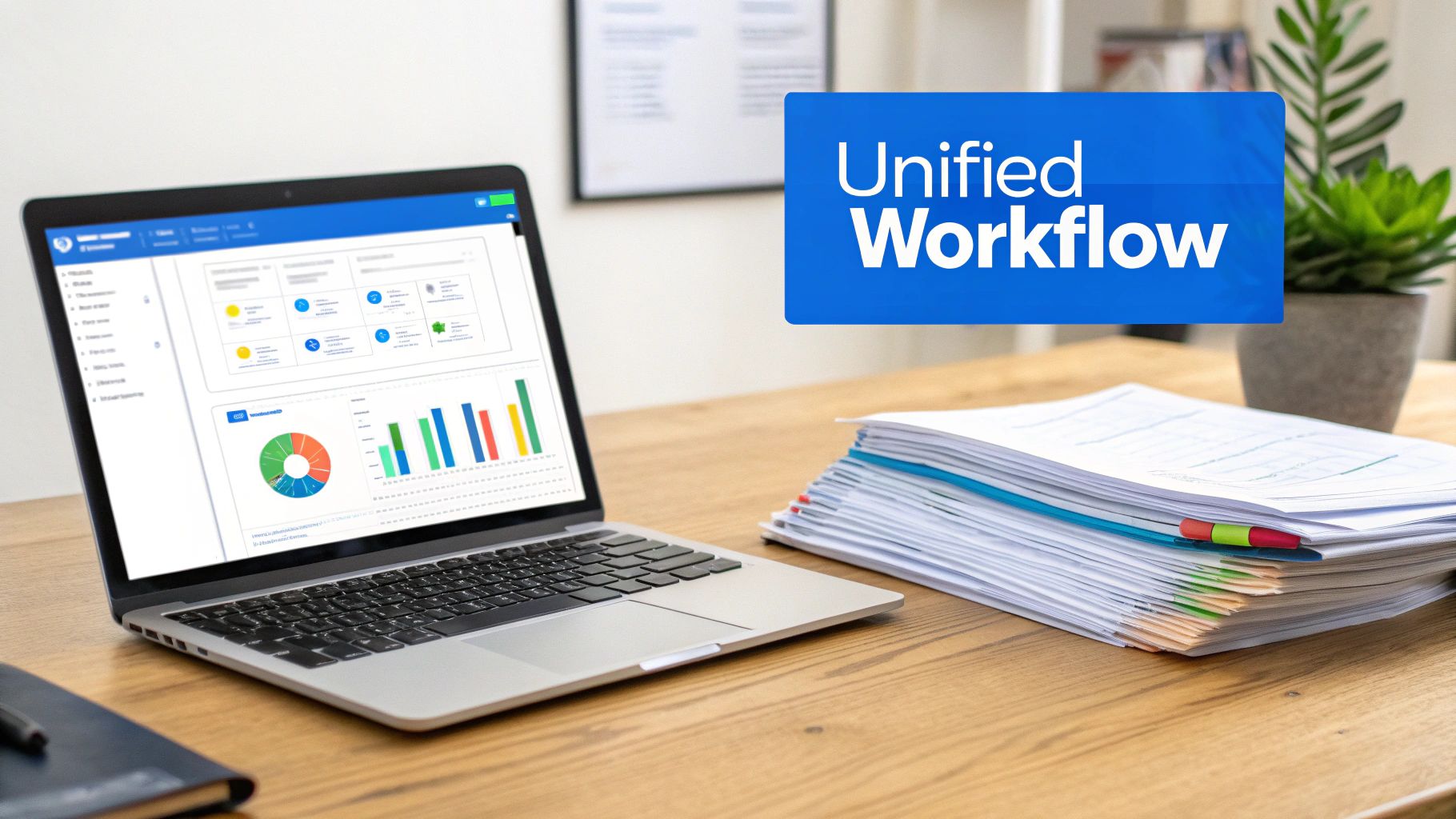 A laptop displays a business dashboard with charts and graphs next to stacked documents and a plant, highlighting a unified workflow.