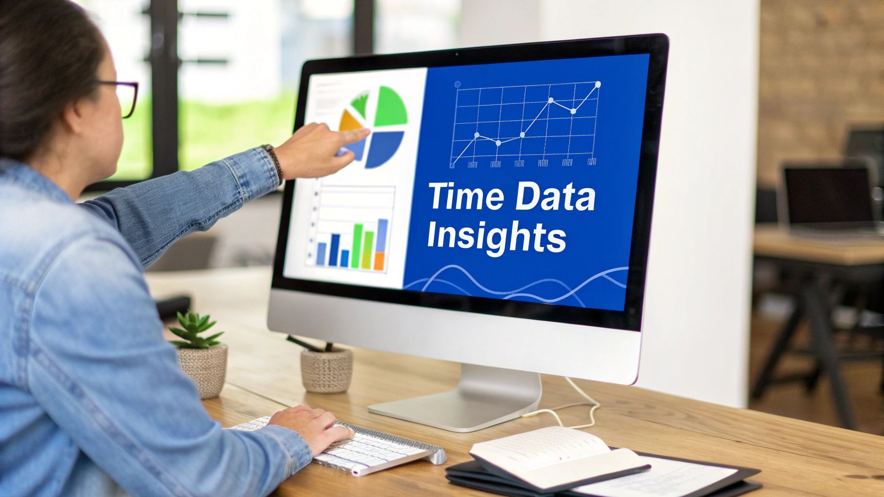 A person with glasses points at a computer screen displaying charts and 'Time Data Insights'.