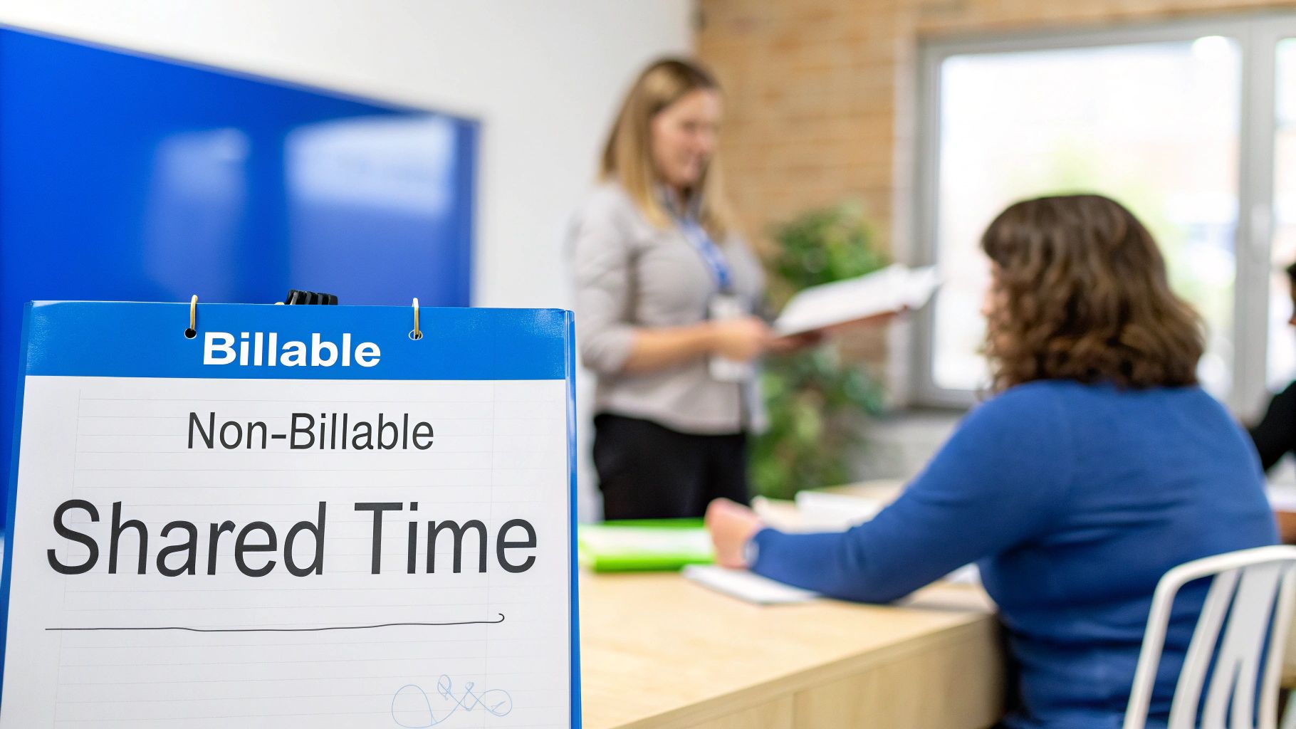 A flip chart displaying 'Billable', 'Non-Billable', and 'Shared Time' during a meeting.