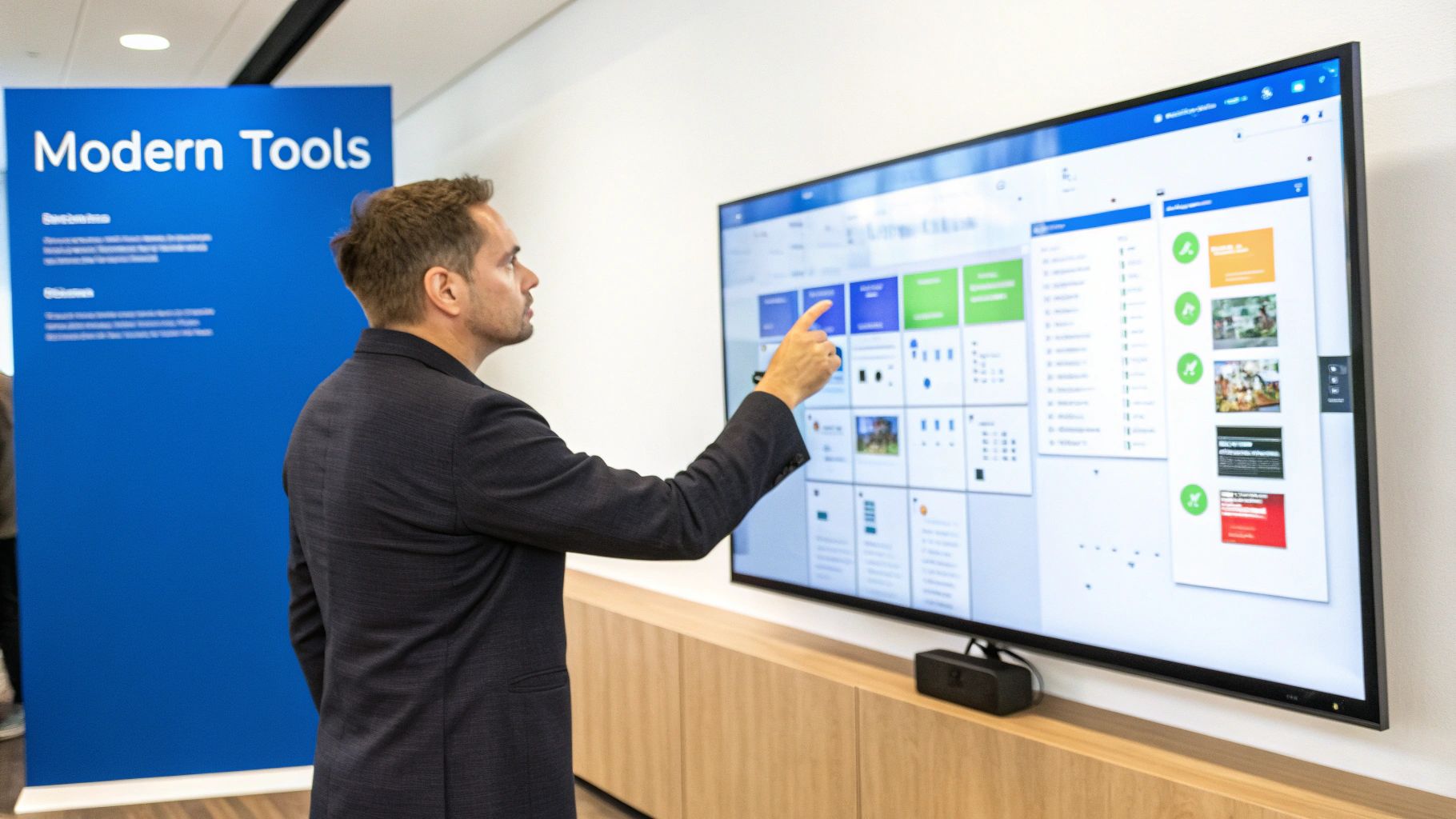Man in a suit interacts with a large touchscreen display showing modern digital tools.