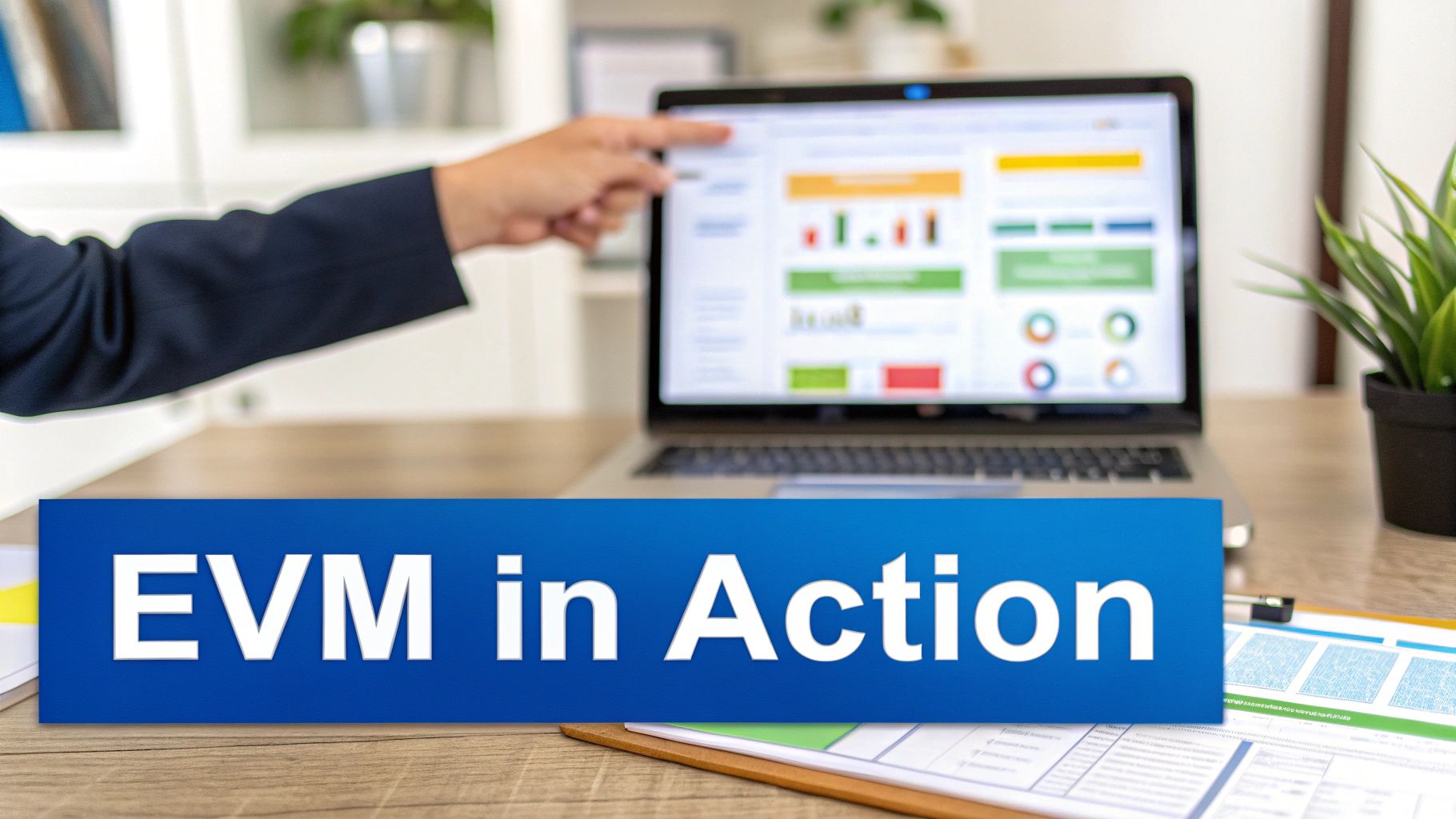 Hand pointing at a laptop displaying a project management dashboard with an EVM in Action banner.